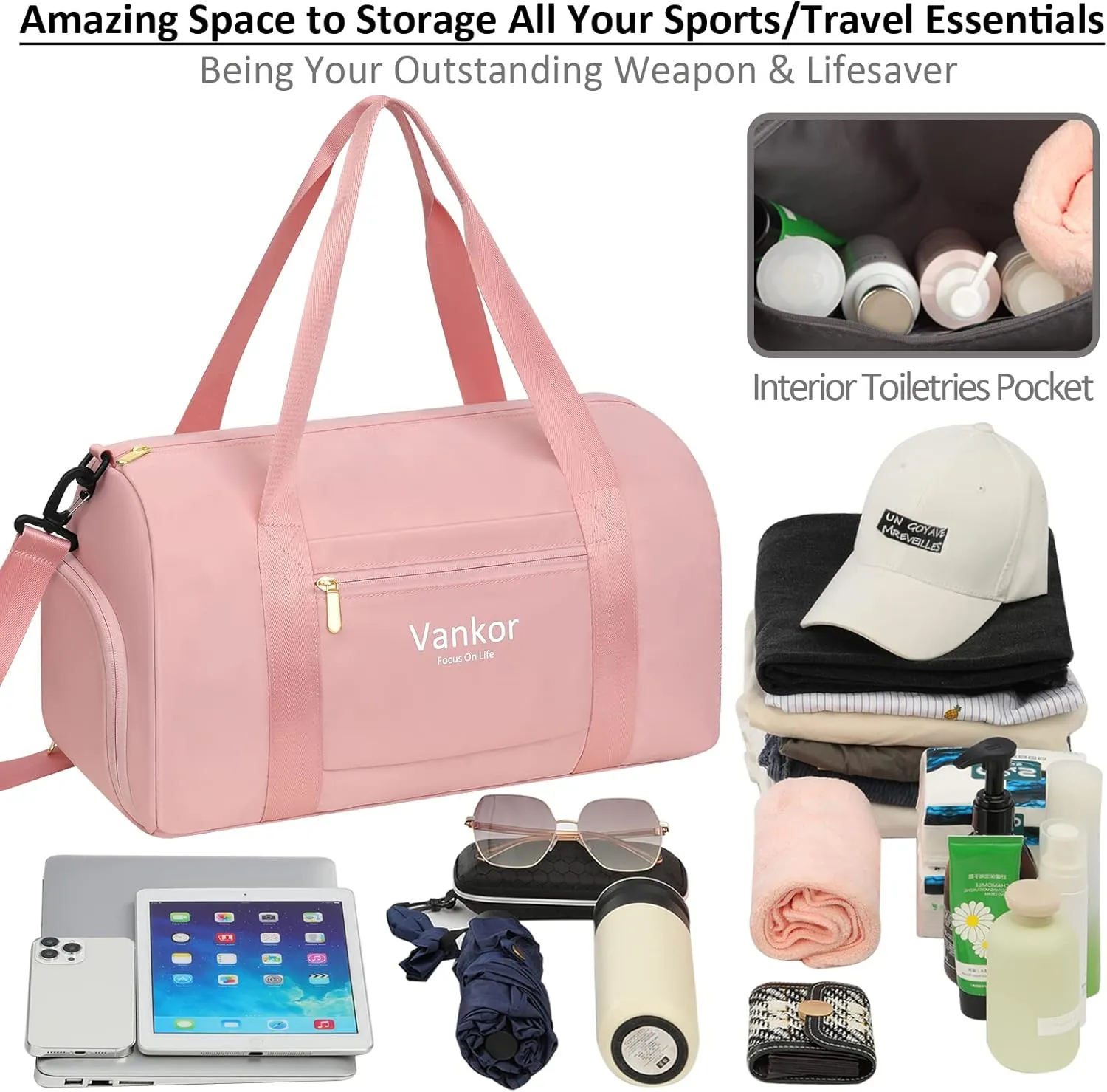 Pink Large 20 Inch Multi-Purpose Gym Bag with Shoe Compartment, Water Resistant, Polyester
