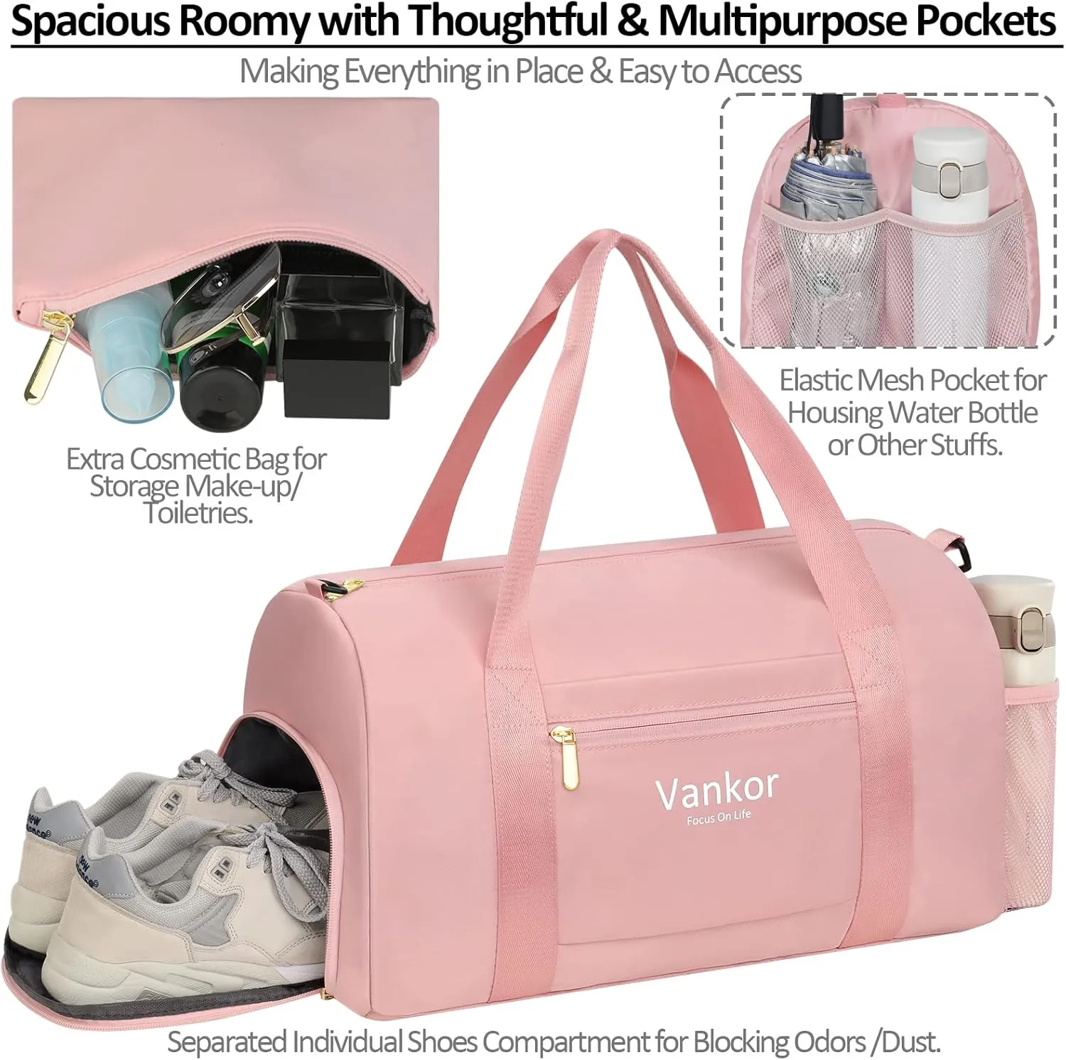 Pink Large 20 Inch Multi-Purpose Gym Bag with Shoe Compartment, Water Resistant, Polyester