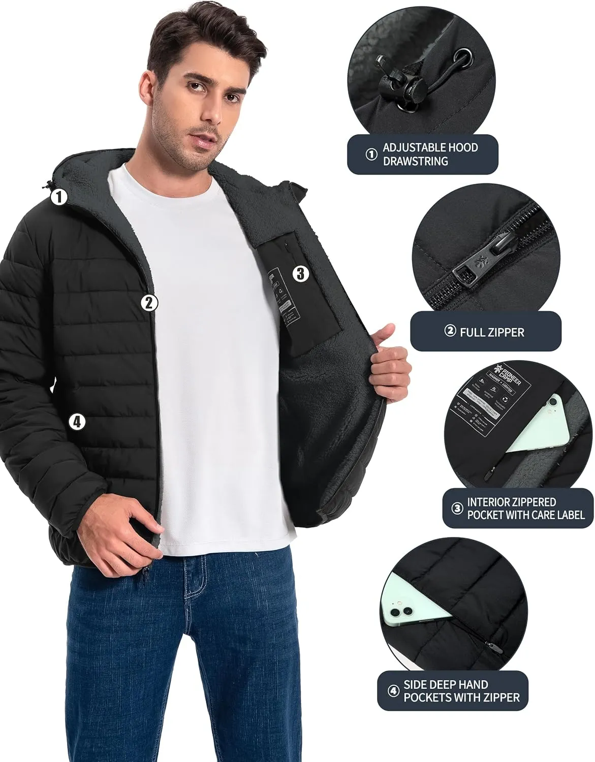 Pioneer Camp Men's Winter Puffer Jacket Sherpa Lined Hooded Water Resistant Midweight Warm Insulated Quilted Down Coat Parka