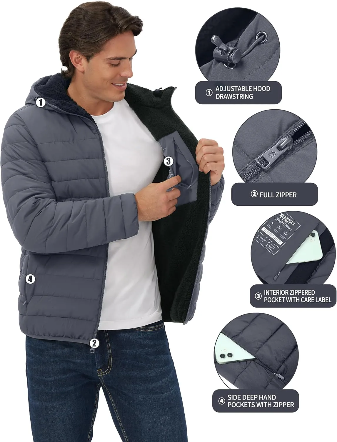 Pioneer Camp Men's Winter Puffer Jacket Sherpa Lined Hooded Water Resistant Midweight Warm Insulated Quilted Down Coat Parka