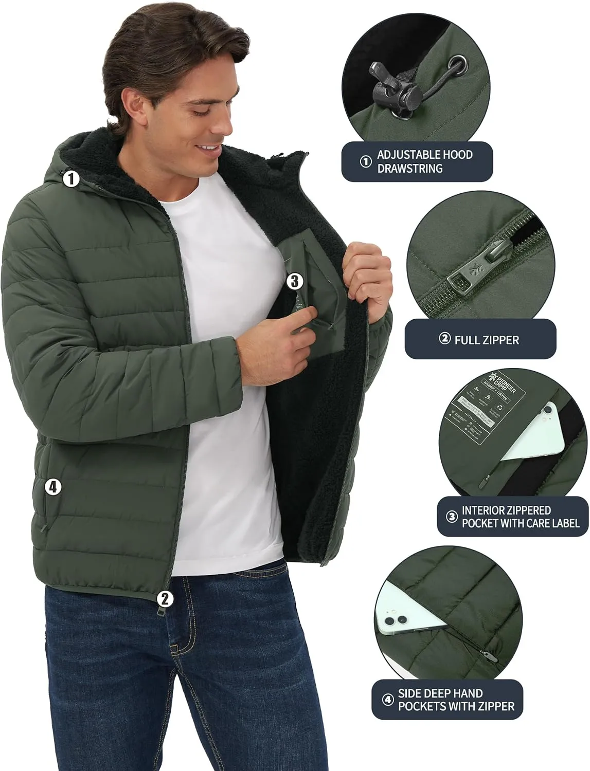 Pioneer Camp Men's Winter Puffer Jacket Sherpa Lined Hooded Water Resistant Midweight Warm Insulated Quilted Down Coat Parka