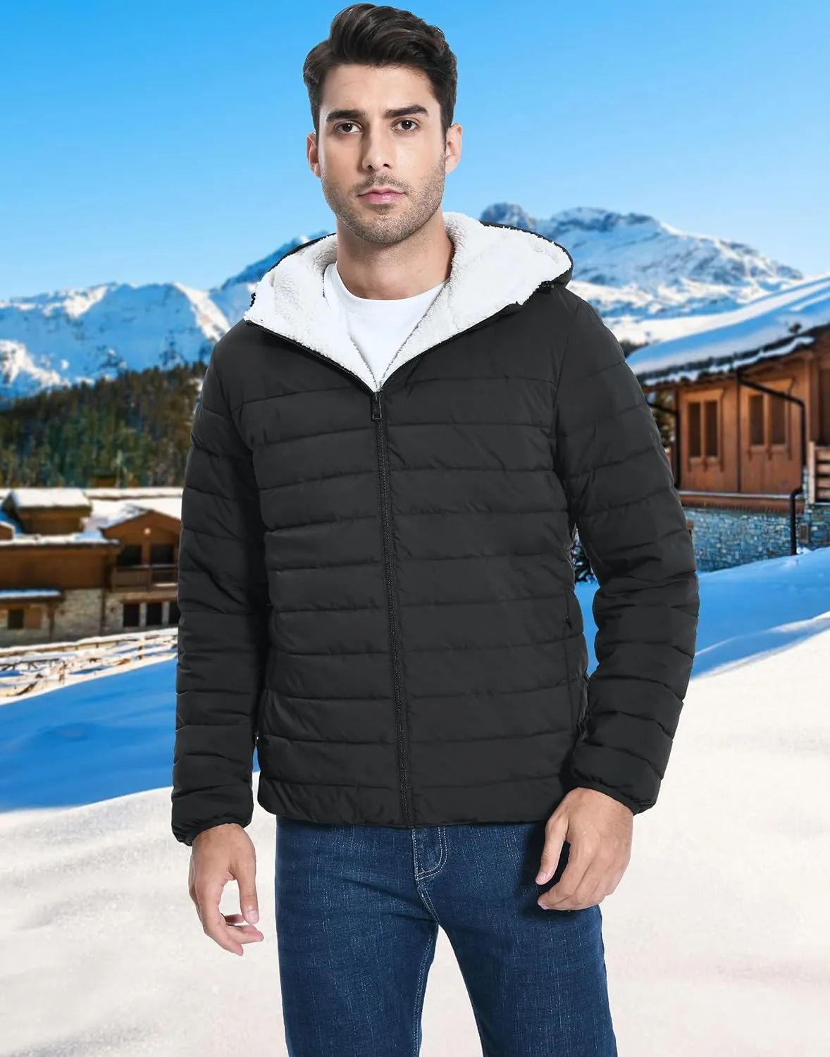 Pioneer Camp Men's Winter Puffer Jacket Sherpa Lined Hooded Water Resistant Midweight Warm Insulated Quilted Down Coat Parka