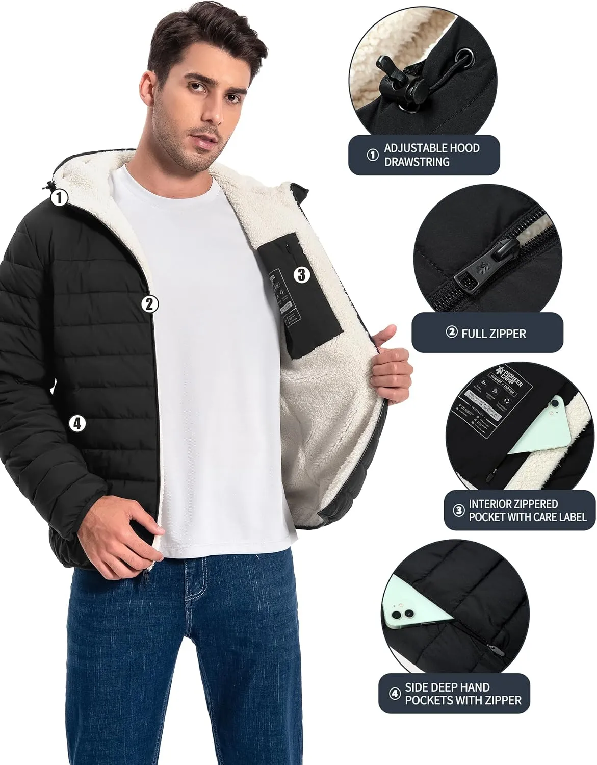Pioneer Camp Men's Winter Puffer Jacket Sherpa Lined Hooded Water Resistant Midweight Warm Insulated Quilted Down Coat Parka