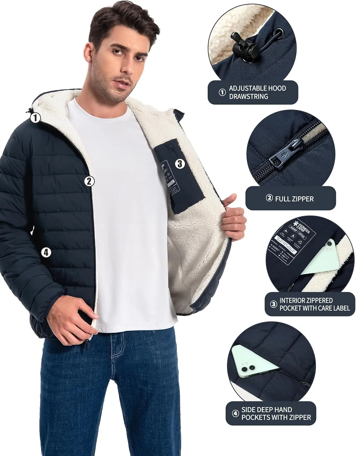 Pioneer Camp Men's Winter Puffer Jacket Sherpa Lined Hooded Water Resistant Midweight Warm Insulated Quilted Down Coat Parka