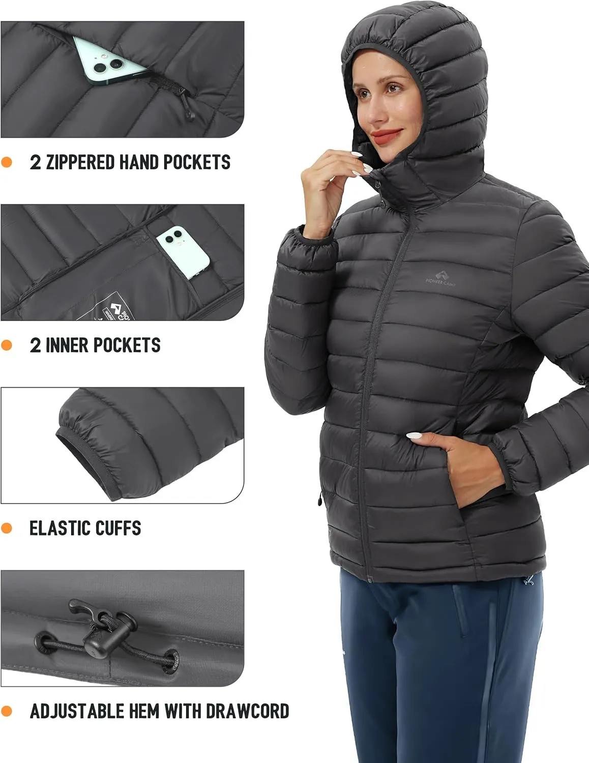 Pioneer Camp Women's Packable Puffer Jacket Winter Light Weight Water-Repellent Quilted Coat with Hood