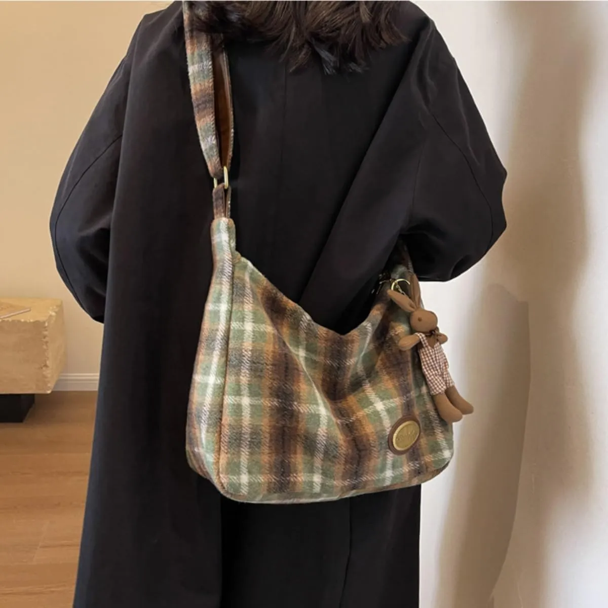 Plaid Purses for Women - Wool Handbag with Pendant, Hobo Shoulder Bag and Tartan Fabric Clutch (Green)