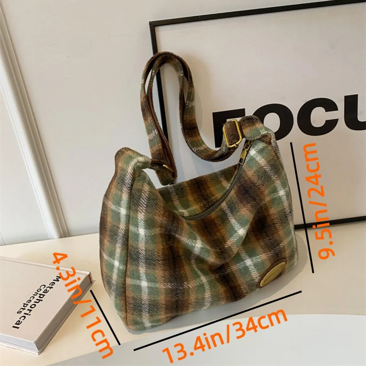 Plaid Purses for Women - Wool Handbag with Pendant, Hobo Shoulder Bag and Tartan Fabric Clutch (Green)