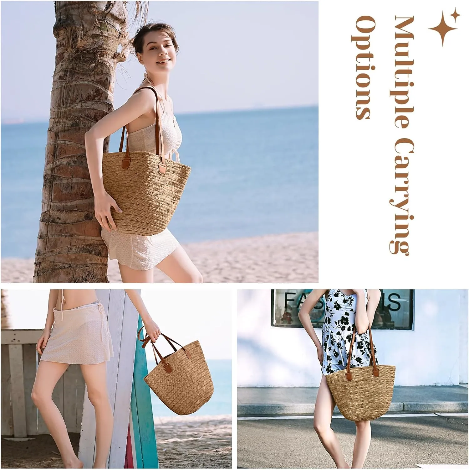 Pleneal Straw Beach Bags for Women - Women Beach Handmade Woven Tote Bag, Summer Mesh Hollow Shoulder Bag for Holiday