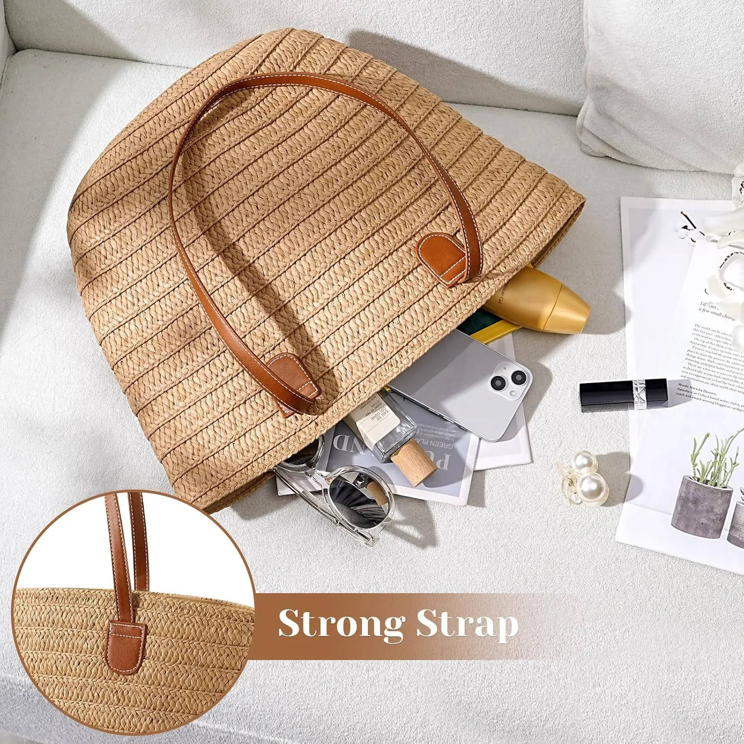 Pleneal Straw Beach Bags for Women - Women Beach Handmade Woven Tote Bag, Summer Mesh Hollow Shoulder Bag for Holiday