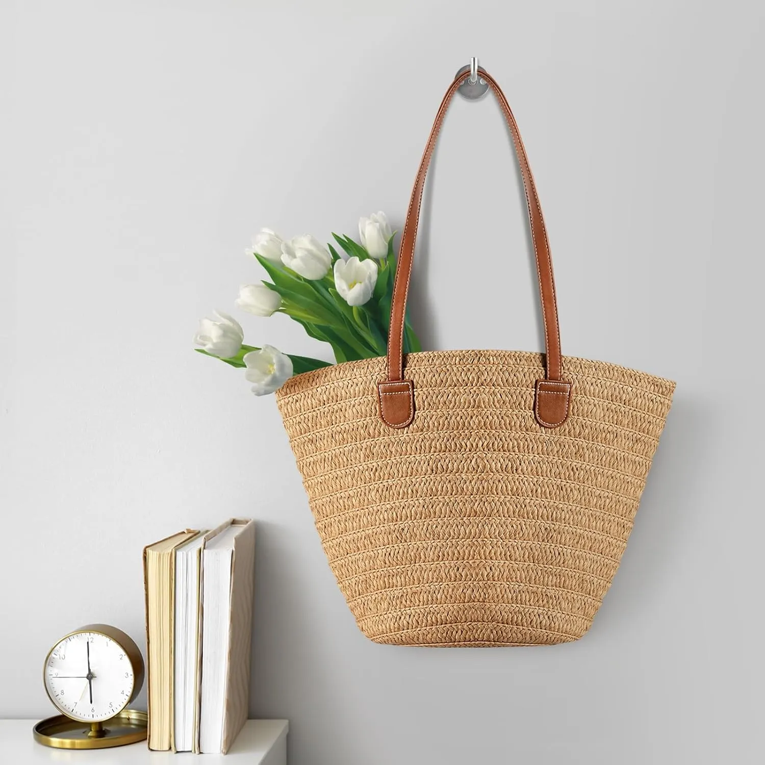 Pleneal Straw Beach Bags for Women - Women Beach Handmade Woven Tote Bag, Summer Mesh Hollow Shoulder Bag for Holiday