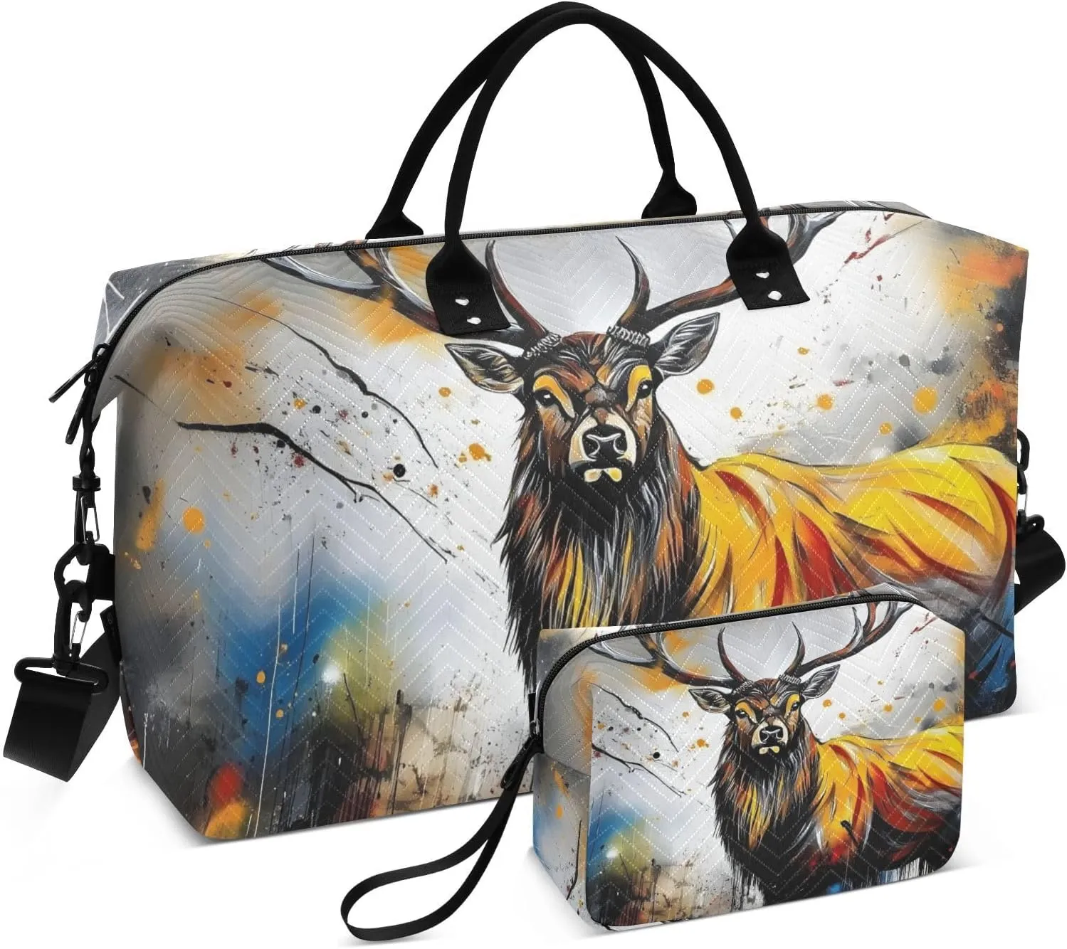 Portrait Elk Colorful Travel Duffel Bag, Gym Bags with Multiple Interior Pockets for Men Women Toiletry Purse Included 20.5”x 1.9” x 13.8”