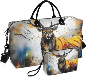 Portrait Elk Colorful Travel Duffel Bag, Gym Bags with Multiple Interior Pockets for Men Women Toiletry Purse Included 20.5”x 1.9” x 13.8”