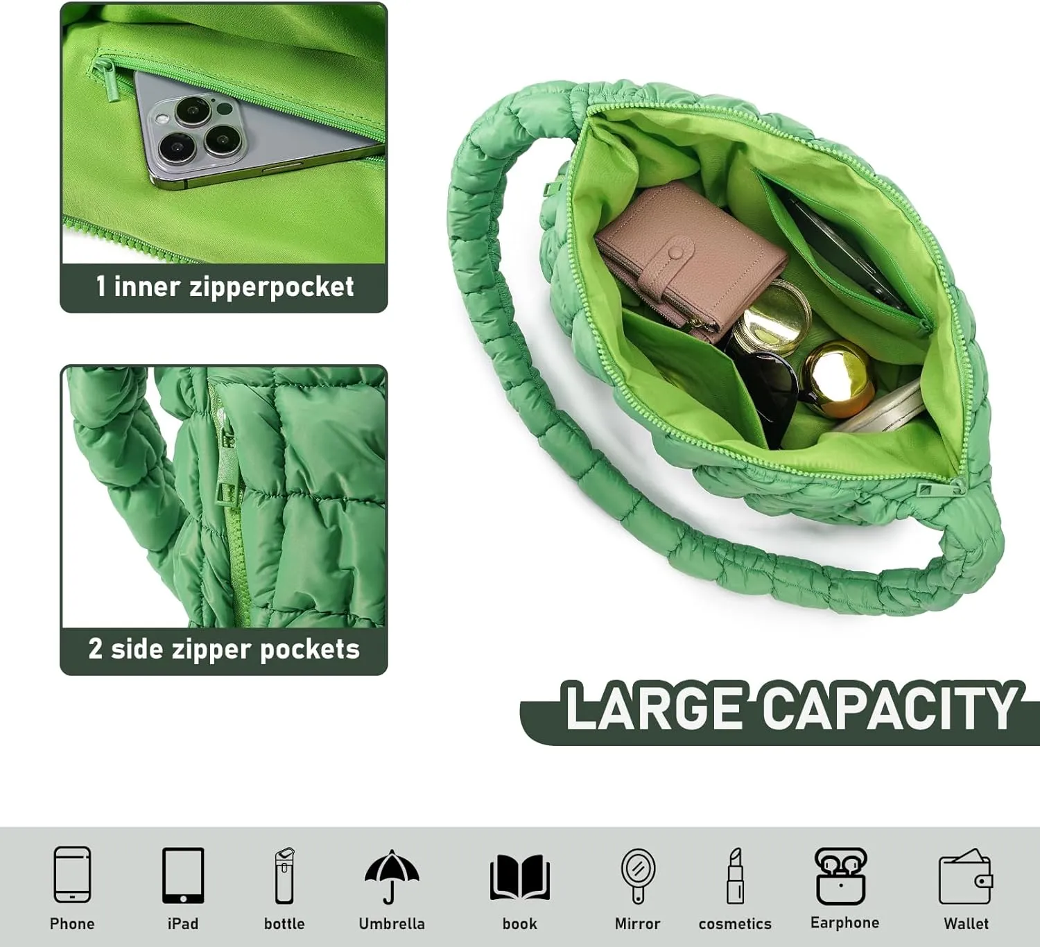 Puffer Bag for Women,Large Lightweight Quilted Tote Bag for Women Puffy Hobo Crossbody Handbags with Padding,Zip Pockets