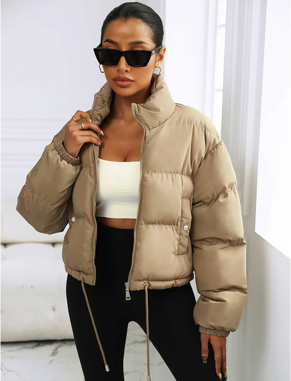 Puffer Jacket Womens Cropped Zip Up Padding Warm Quilted Jackets Winter Coats