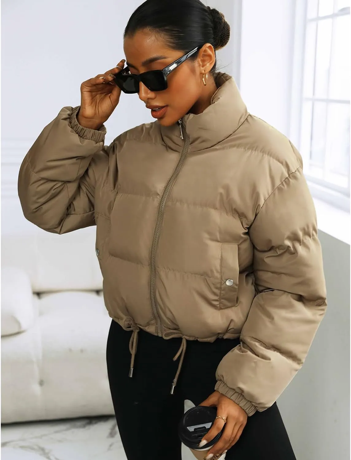 Puffer Jacket Womens Cropped Zip Up Padding Warm Quilted Jackets Winter Coats