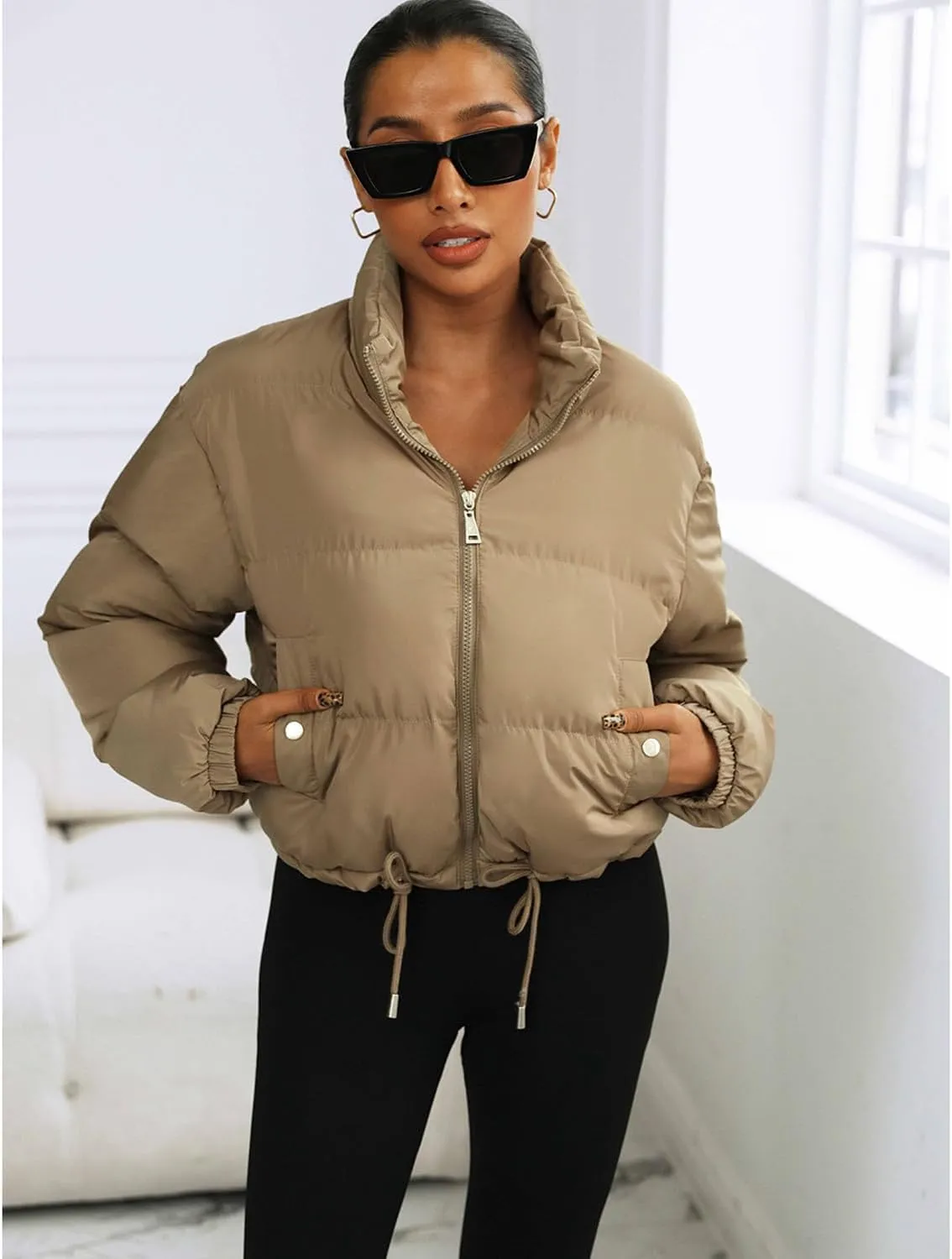 Puffer Jacket Womens Cropped Zip Up Padding Warm Quilted Jackets Winter Coats