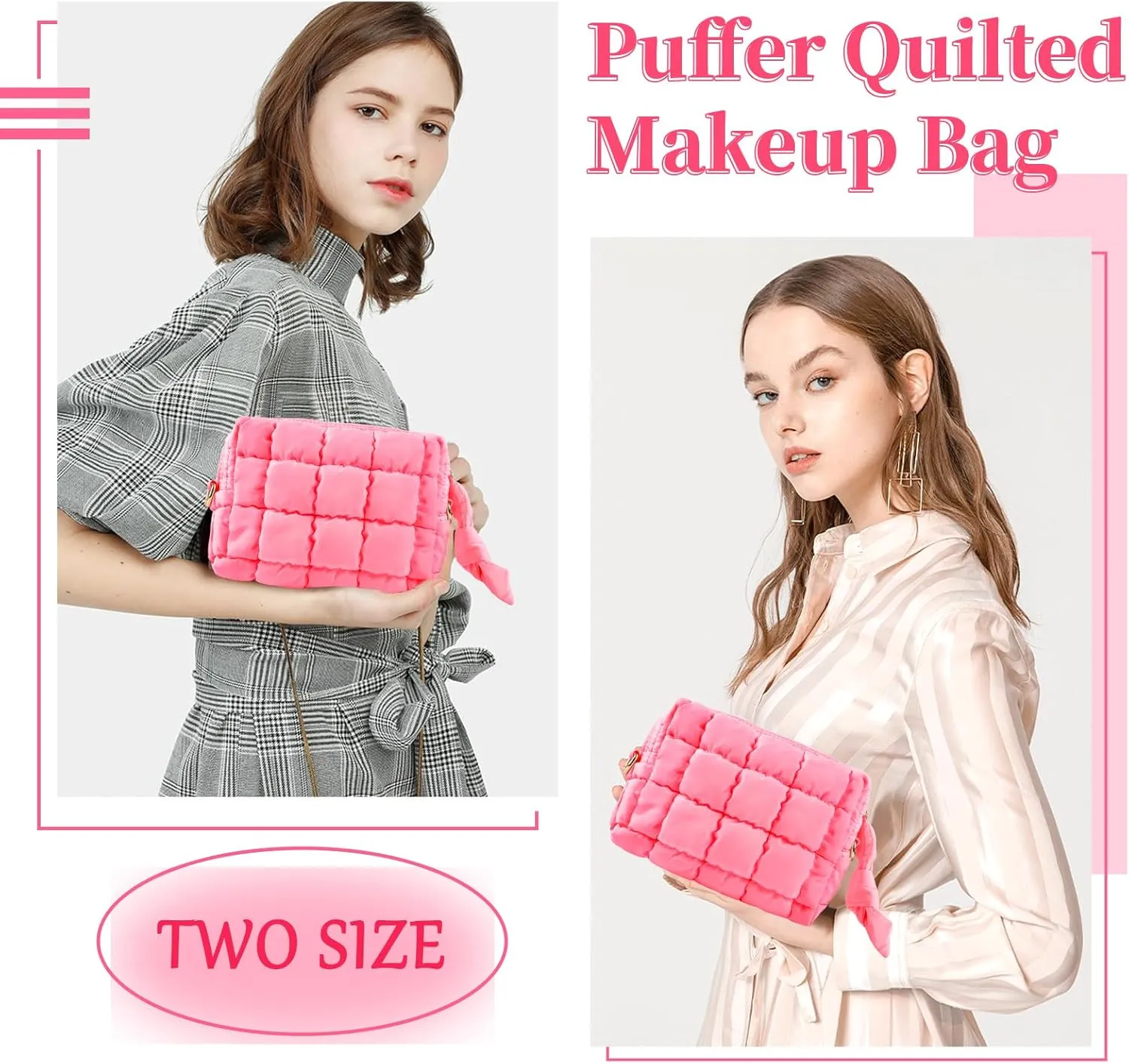 Puffer Quilted Makeup Bag Cosmetic Bags,Puffy Travel Toiletry Pouch for Women,Cute Checkered Zipper Bag Travel Essential,Portable Aesthetic Make up Organizer Bag for Gifts Work Daily(Pink,S)