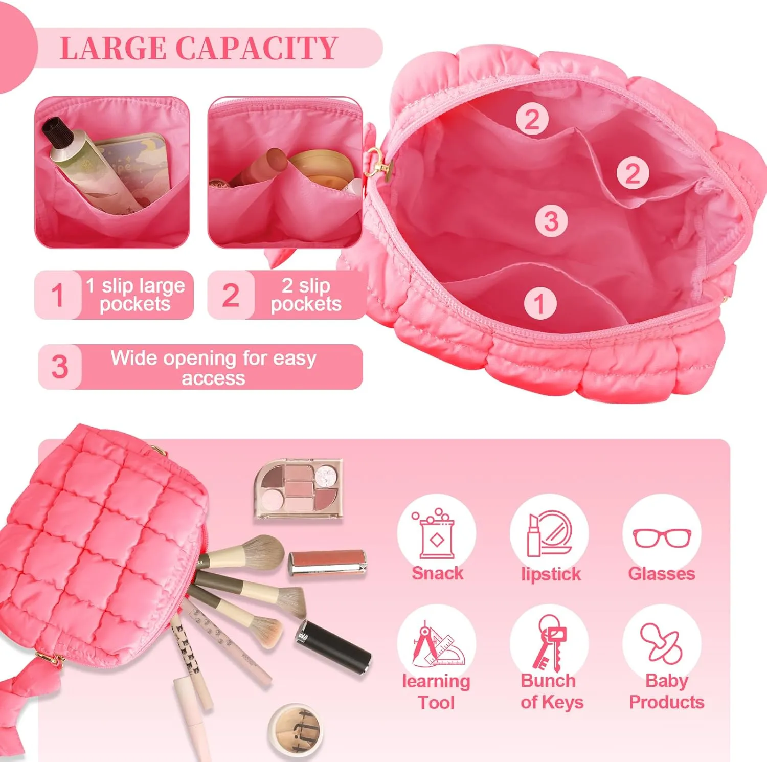 Puffer Quilted Makeup Bag Cosmetic Bags,Puffy Travel Toiletry Pouch for Women,Cute Checkered Zipper Bag Travel Essential,Portable Aesthetic Make up Organizer Bag for Gifts Work Daily(Pink,S)