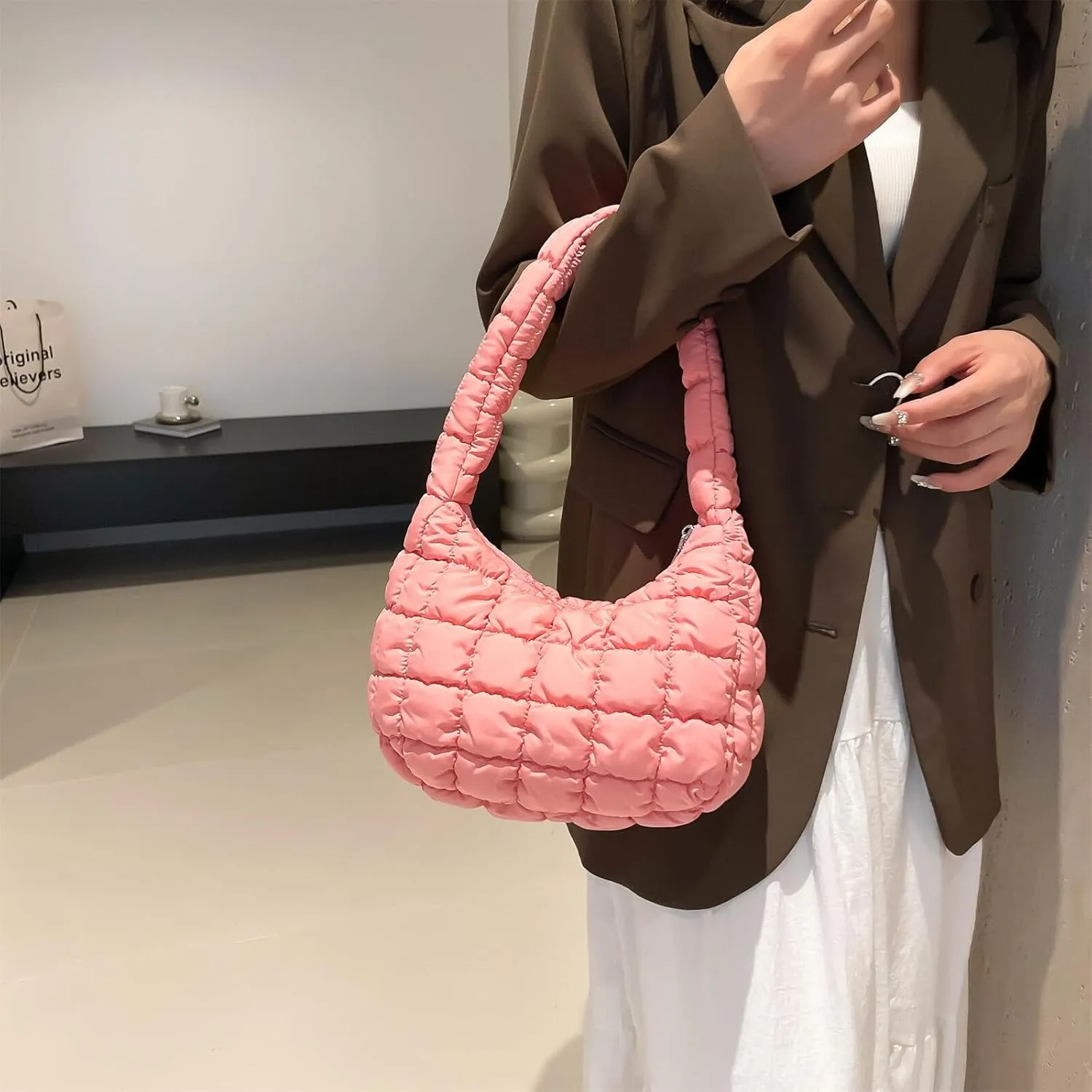 Puffer Quilted Shoulder Bag for Women Handbag Puffy Hobo Nylon Padded Tote Bag Soft Purse Lightweight