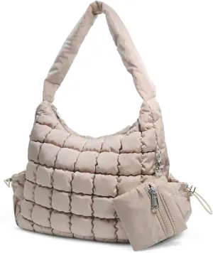 Puffer Quilted Shoulder Bag for Women Hobo Handbag Lightweight Purse