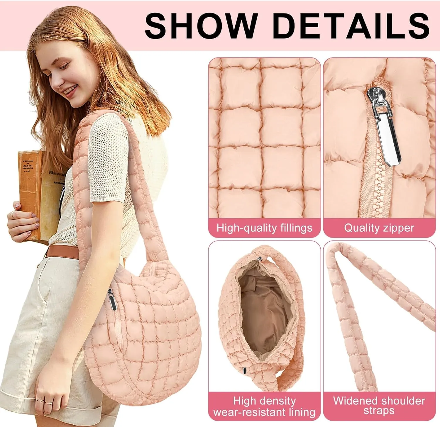Puffer Tote Bag For Women Quilted Crossbody Bag, Lightweight Puffy Purse Large Hobo Puff Shoulder Handbags
