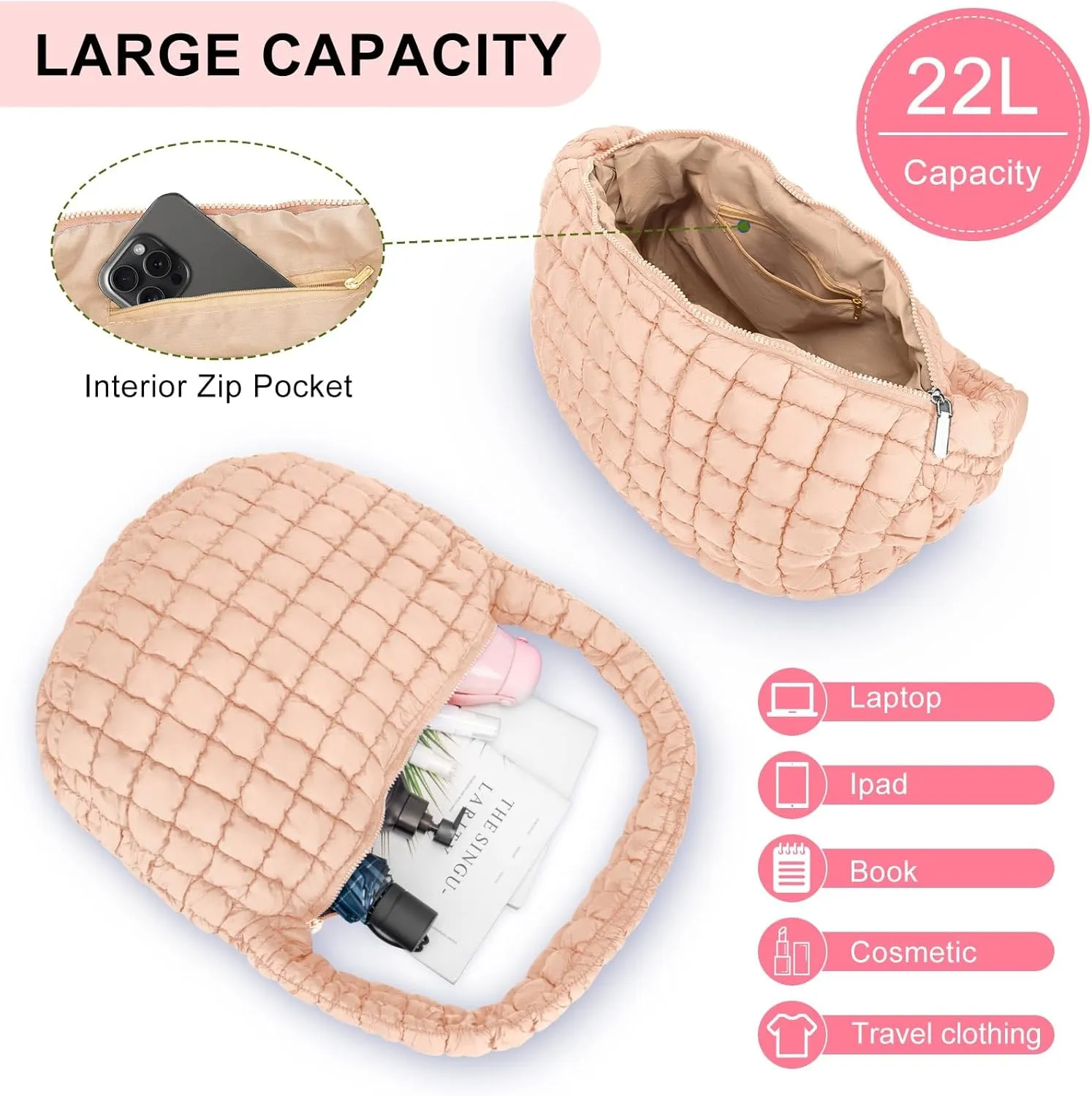 Puffer Tote Bag For Women Quilted Crossbody Bag, Lightweight Puffy Purse Large Hobo Puff Shoulder Handbags