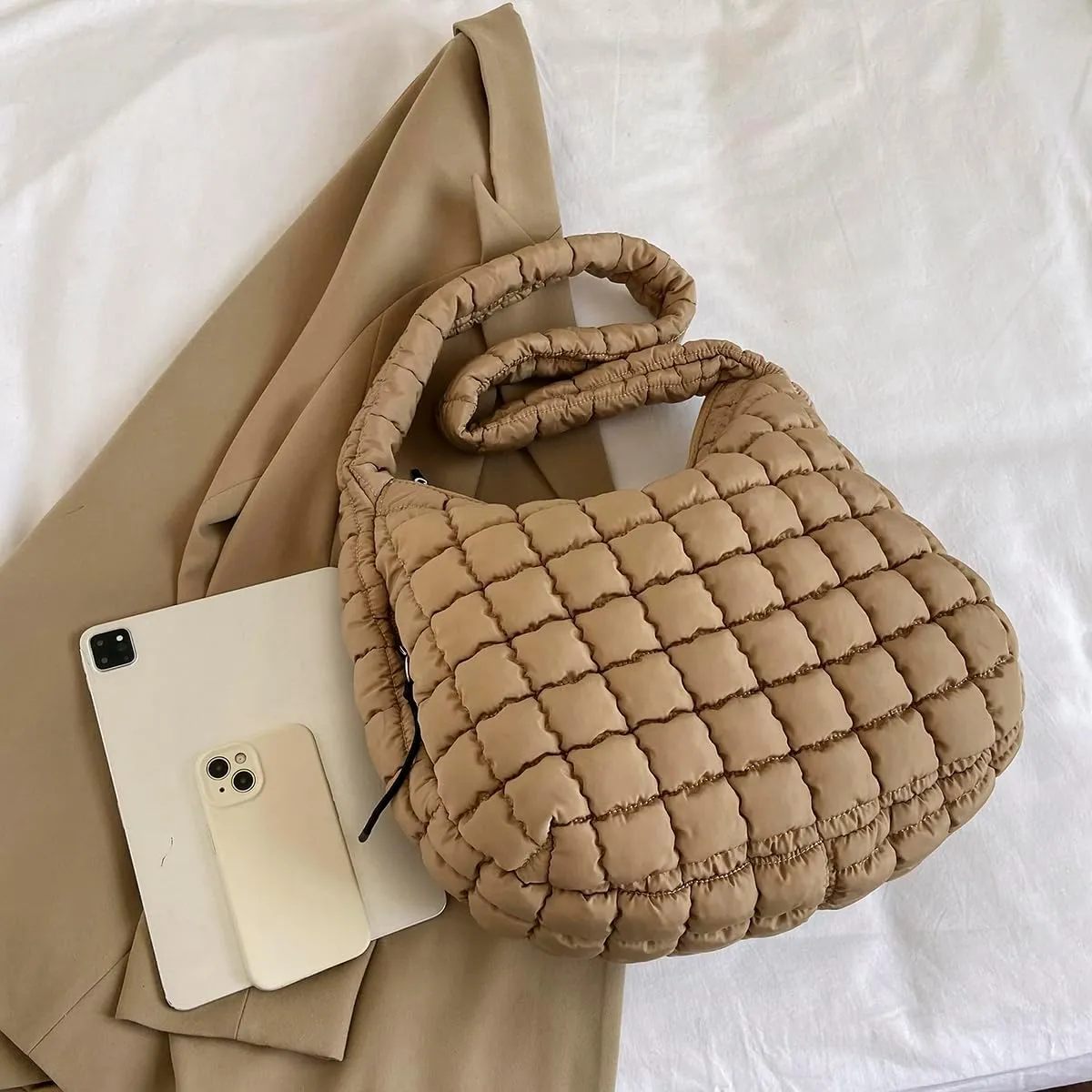Puffer Tote Bag for Women,Large Quilted Tote Bag Quilted Carryall Bag Soft Puffy Crossbody Bag Hobo Handbags