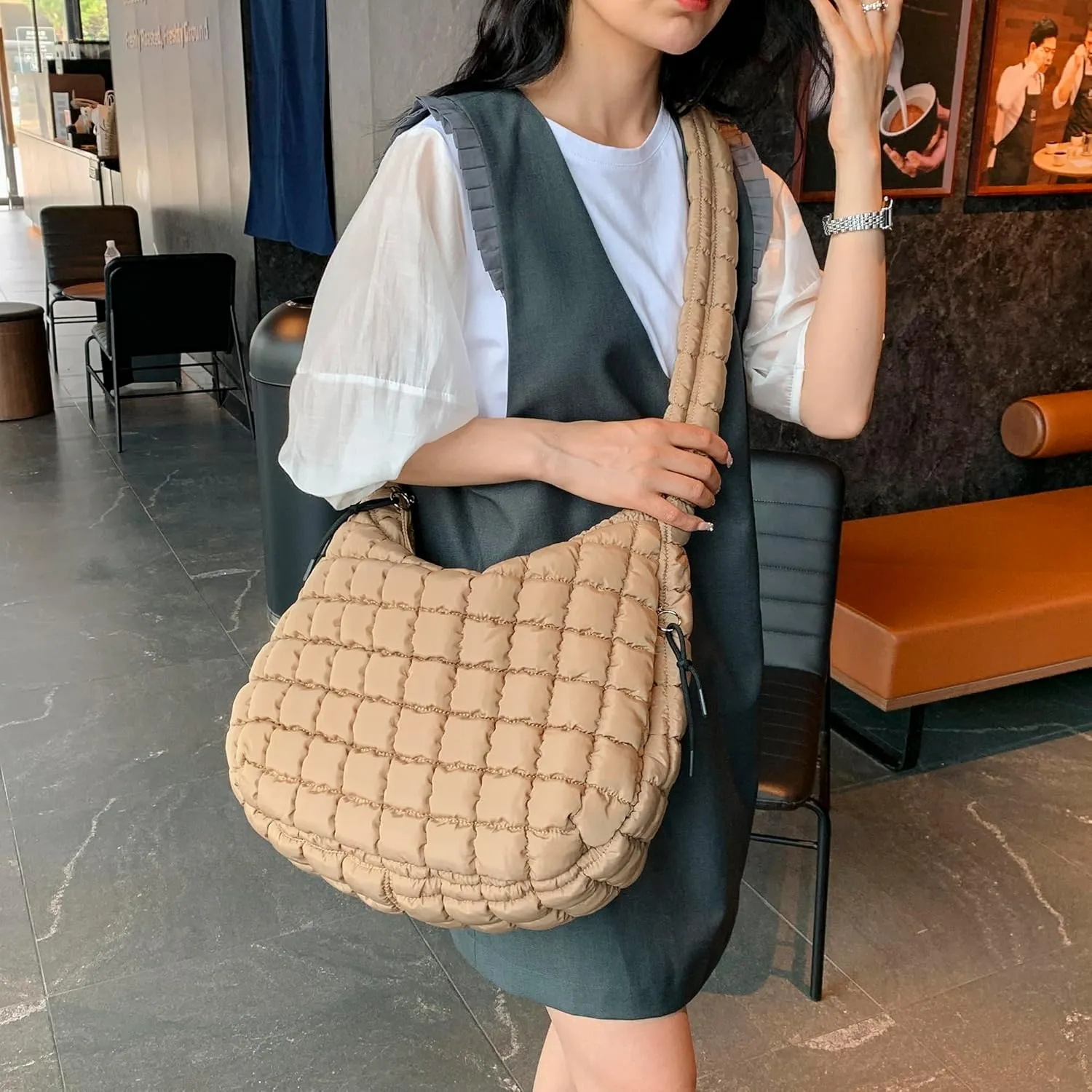 Puffer Tote Bag for Women,Large Quilted Tote Bag Quilted Carryall Bag Soft Puffy Crossbody Bag Hobo Handbags