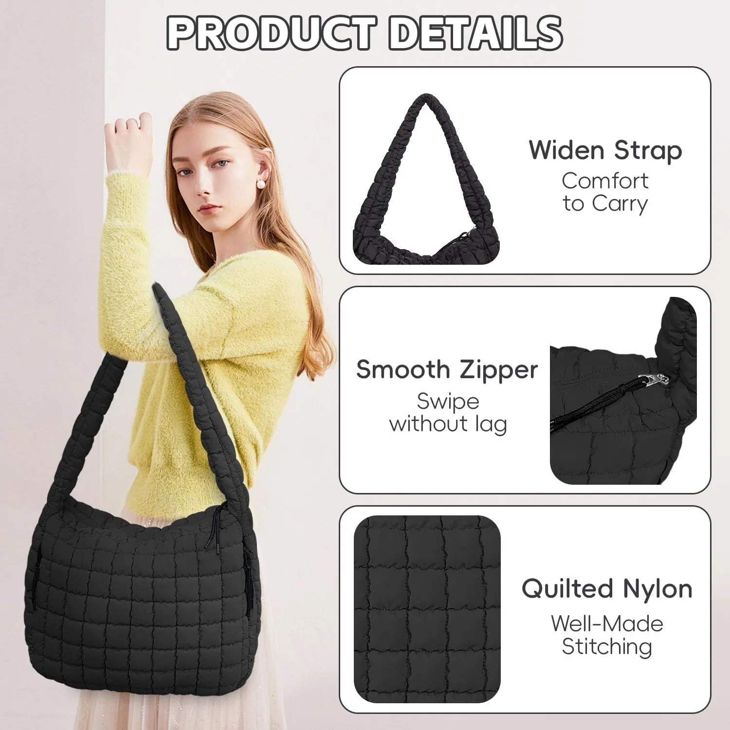Puffer Tote, Quilted Puffer Hobo Bag, Lightweight Puffy Quilted Shoulder Bag for Work, Gym, Travel