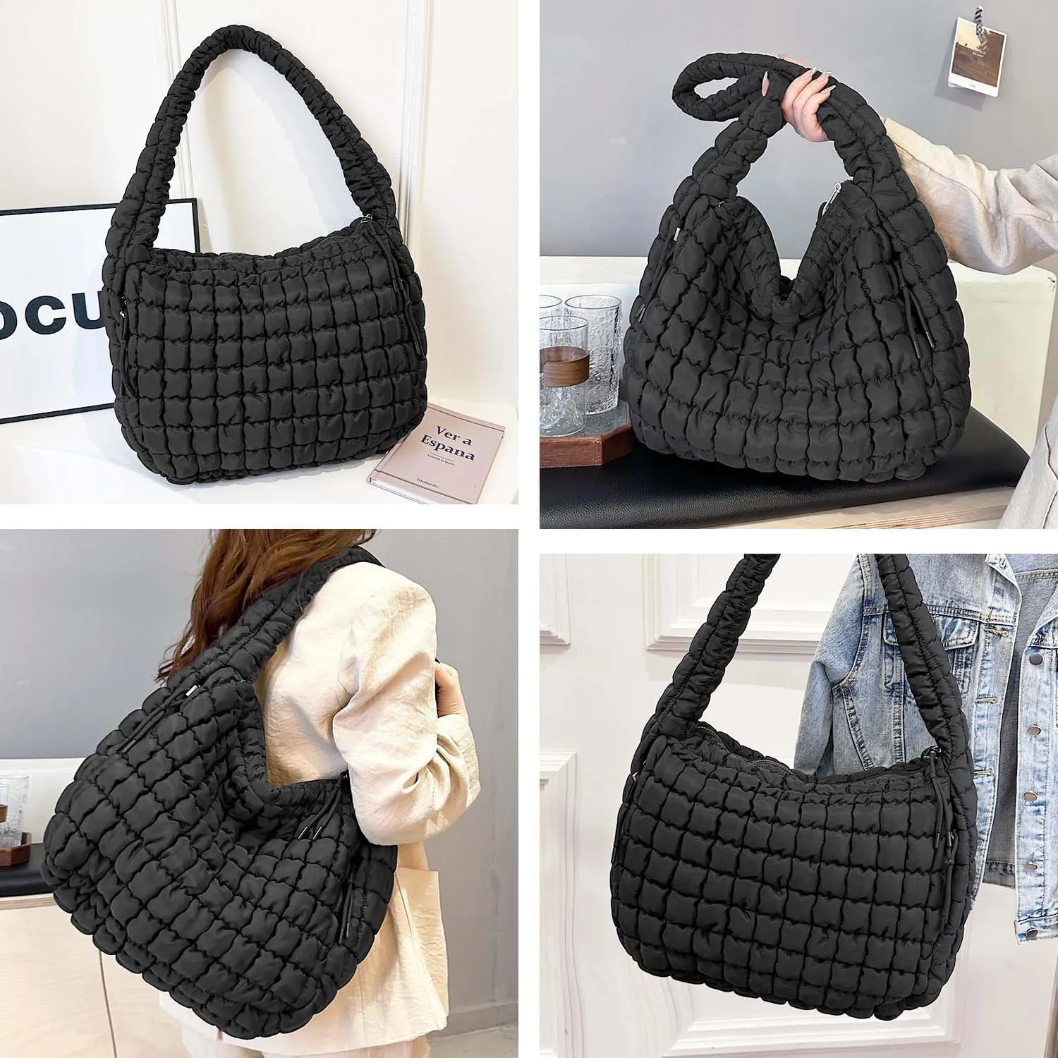 Puffer Tote, Quilted Puffer Hobo Bag, Lightweight Puffy Quilted Shoulder Bag for Work, Gym, Travel