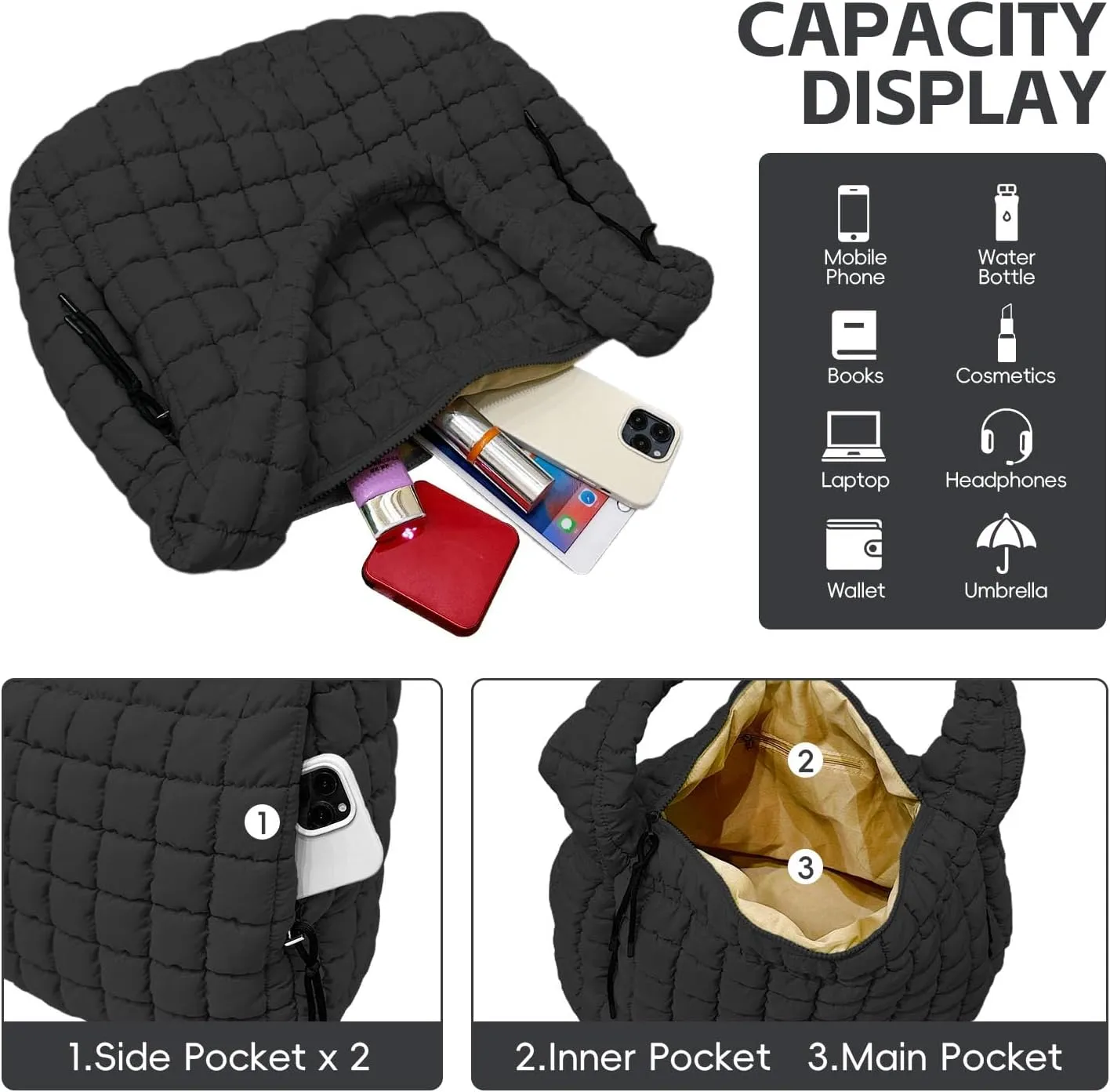 Puffer Tote, Quilted Puffer Hobo Bag, Lightweight Puffy Quilted Shoulder Bag for Work, Gym, Travel