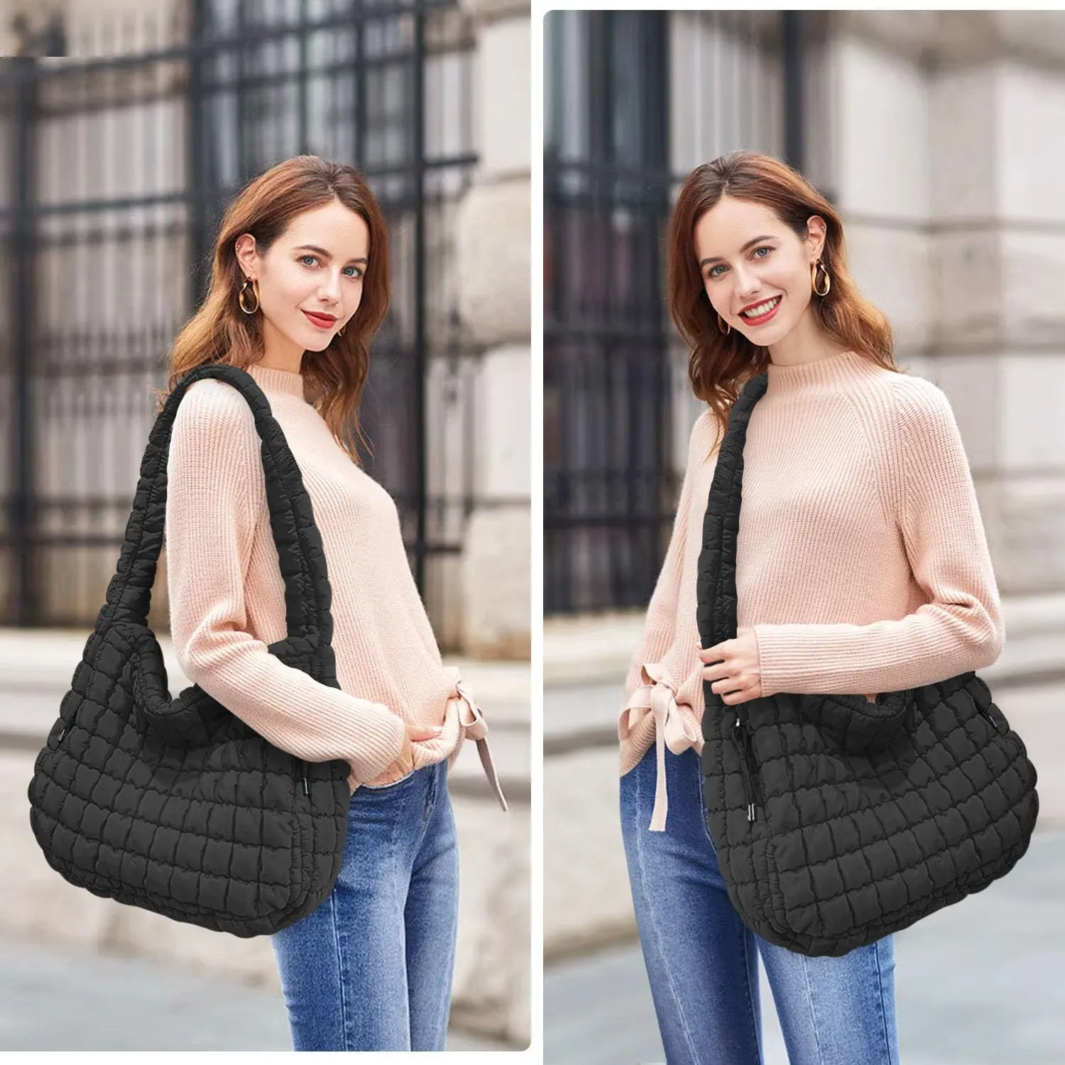 Puffer Tote, Quilted Puffer Hobo Bag, Lightweight Puffy Quilted Shoulder Bag for Work, Gym, Travel