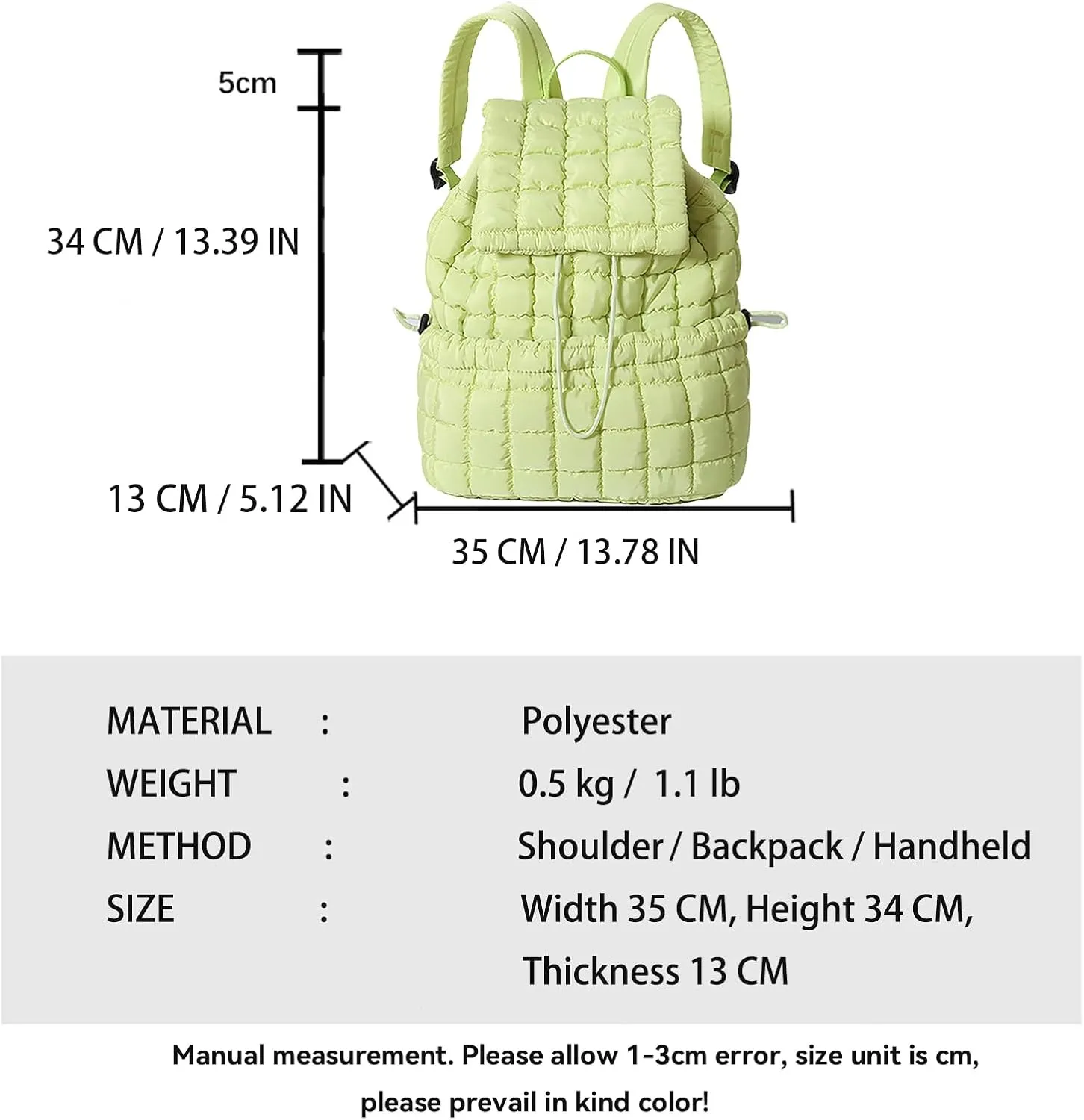 Quilted Backpack for Women - Lightweight Puffer Quilted Travel Backpack, Puffer Travel Bag for Casual Daypack (Green)