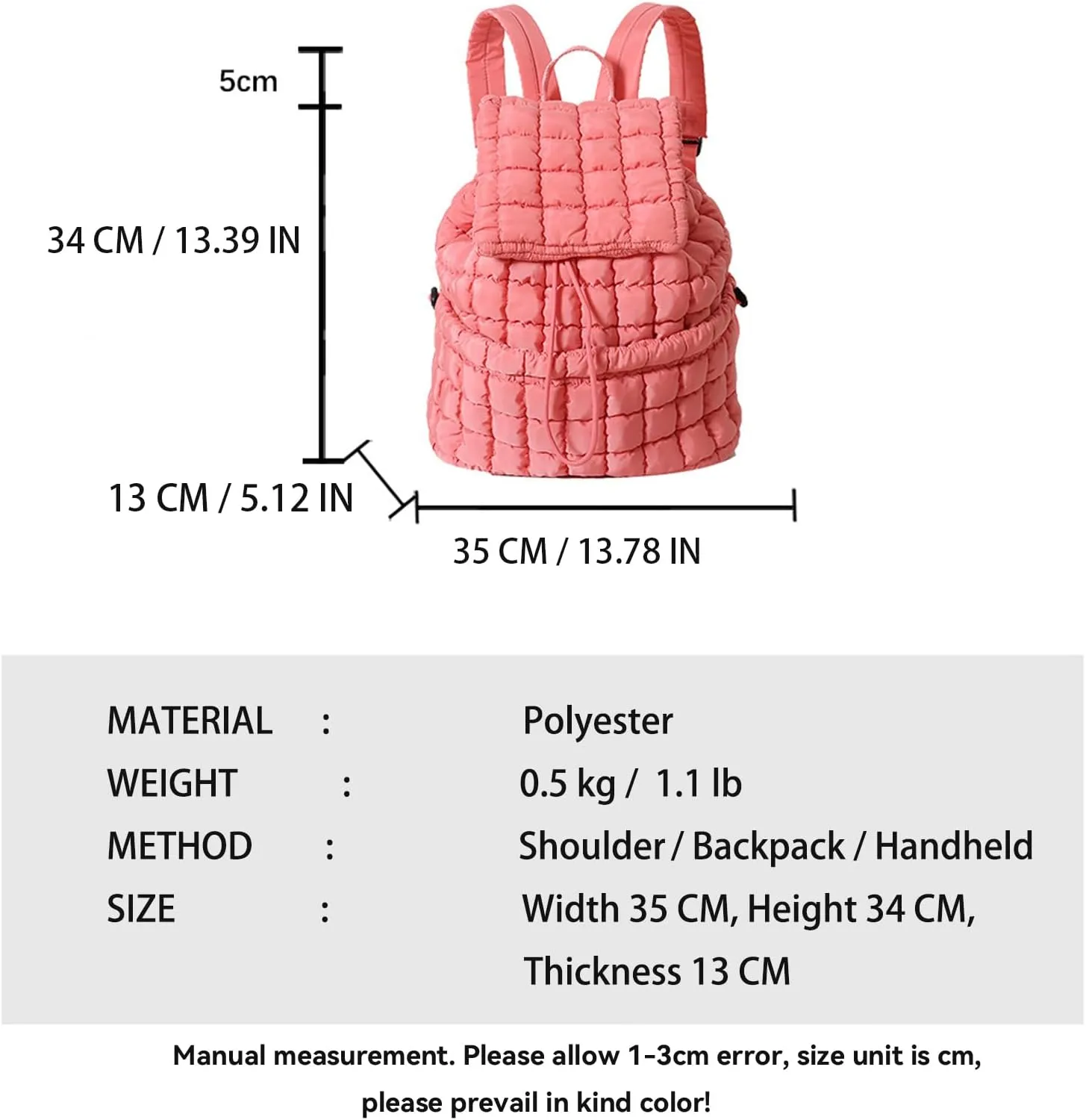 Quilted Backpack for Women - Lightweight Puffer Quilted Travel Backpack, Puffer Travel Bag for Casual Daypack (Pink)