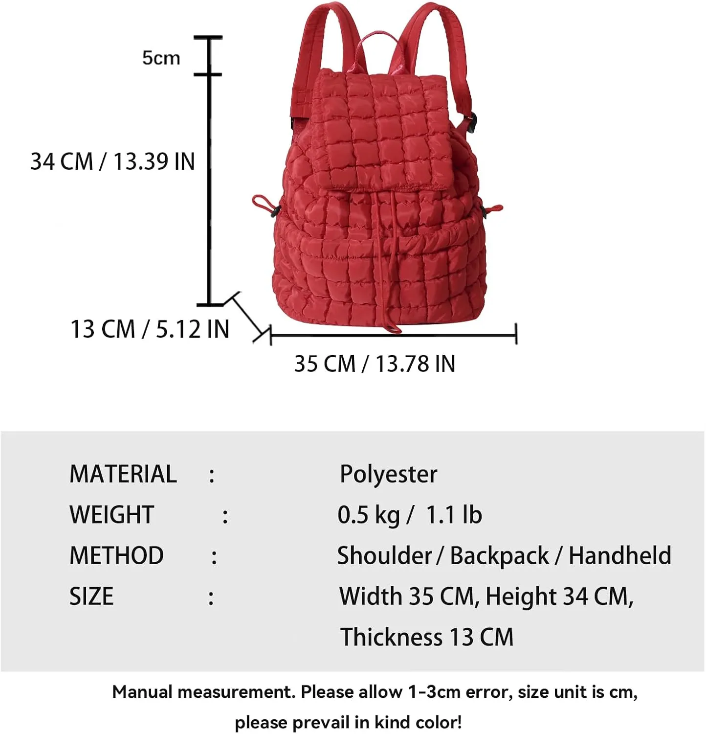 Quilted Backpack for Women - Lightweight Puffer Quilted Travel Backpack, Puffer Travel Bag for Casual Daypack (Red)