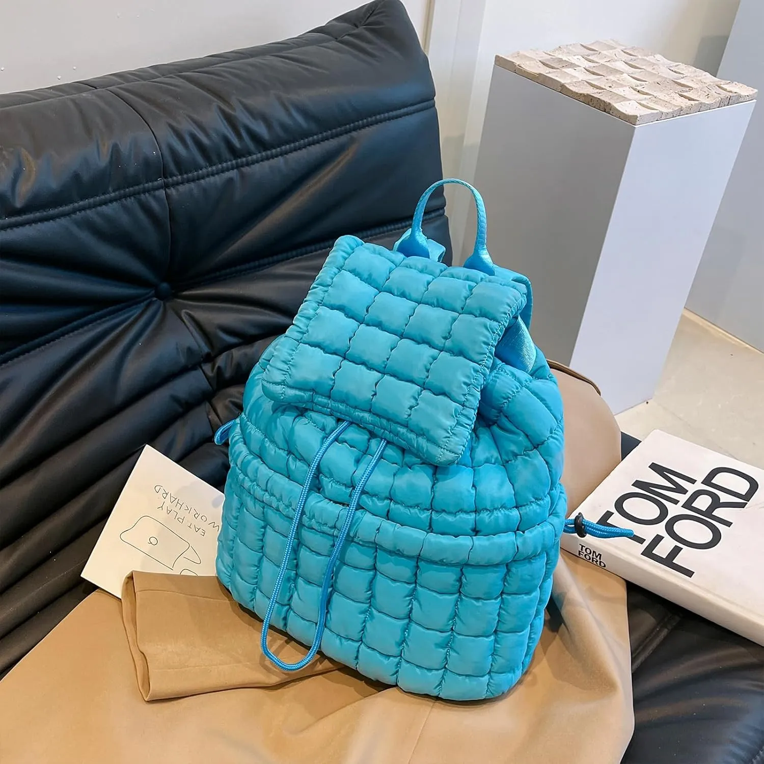 Quilted Backpack for Women, Trendy Puffer Backpack Drawstring Backpack Purse Quilted Puffy Backpack (Blue)