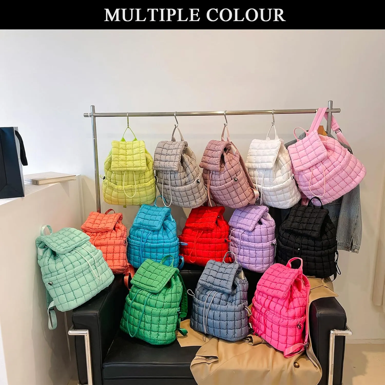 Quilted Backpack for Women, Trendy Puffer Backpack Drawstring Backpack Purse Quilted Puffy Backpack (Blue)