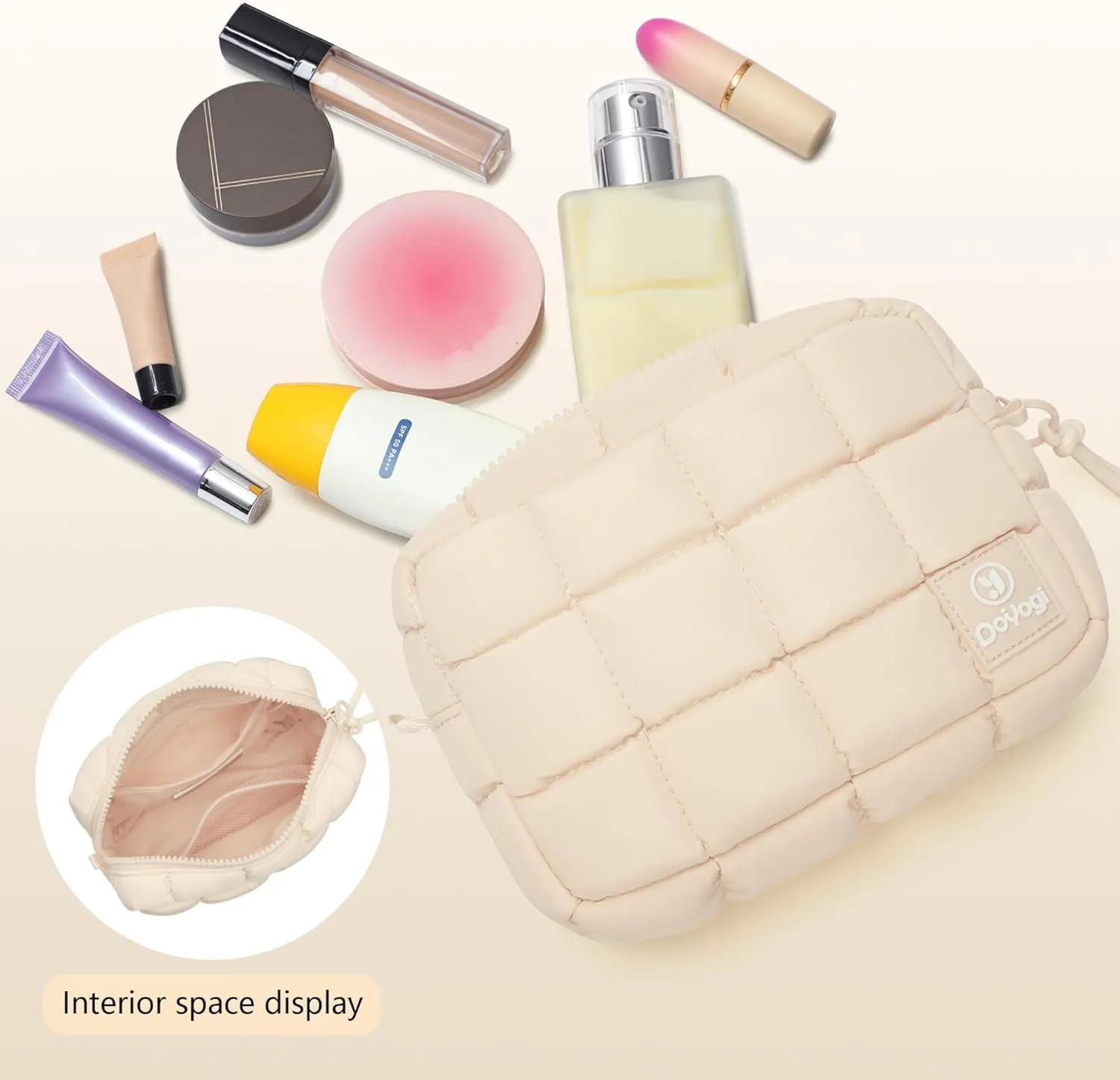 Quilted Cosmetic Bag, Puffer Makeup Bags, Crossbody Purses for women,Cute Travel Toiletry Bag for Women (Beige)