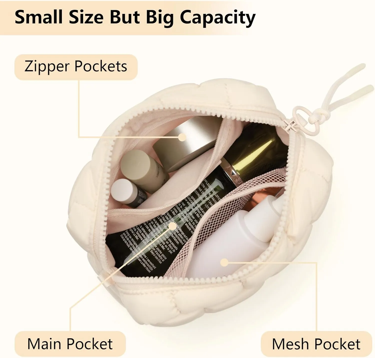 Quilted Cosmetic Bag, Puffer Makeup Bags, Crossbody Purses for women,Cute Travel Toiletry Bag for Women (Beige)