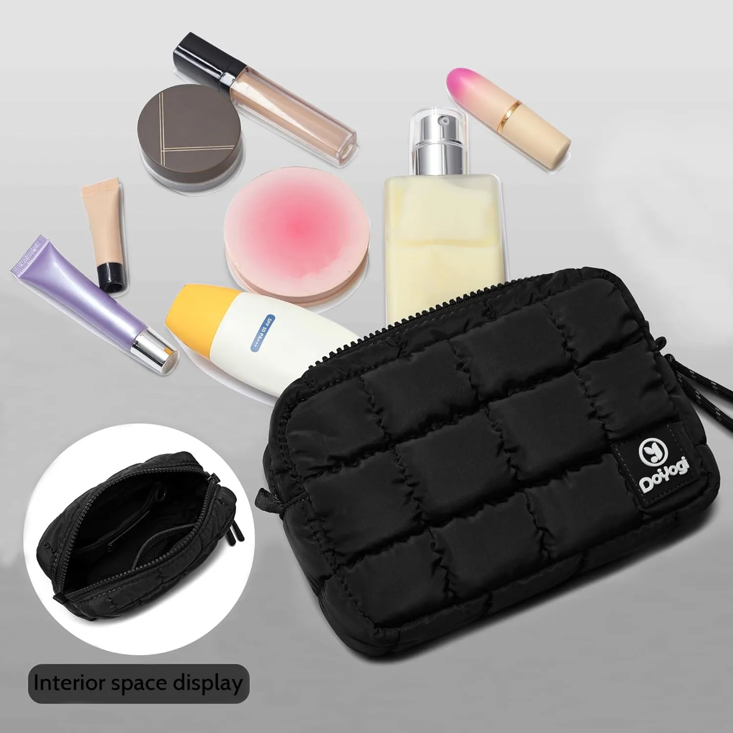 Quilted Cosmetic Bag, Puffer Makeup Bags, Crossbody Purses for women,Cute Travel Toiletry Bag for Women (Black)