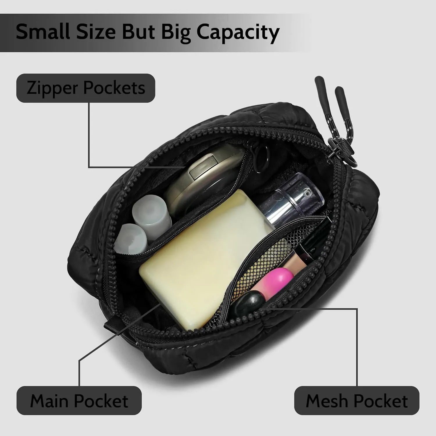 Quilted Cosmetic Bag, Puffer Makeup Bags, Crossbody Purses for women,Cute Travel Toiletry Bag for Women (Black)