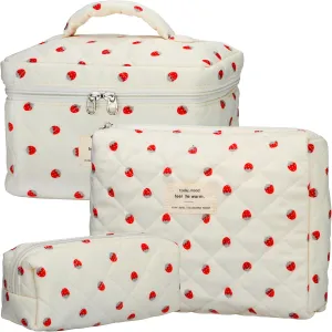 Quilted Makeup Bag Set - 3 PCS Cute Floral Cotton Makeup Bag, Large Coquette Aesthetic Make up Cosmetic Bag, Flower Travel Toiletry Organizer Bags for Women Girls