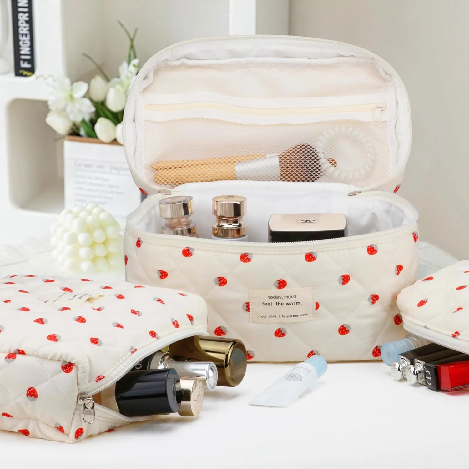 Quilted Makeup Bag Set - 3 PCS Cute Floral Cotton Makeup Bag, Large Coquette Aesthetic Make up Cosmetic Bag, Flower Travel Toiletry Organizer Bags for Women Girls
