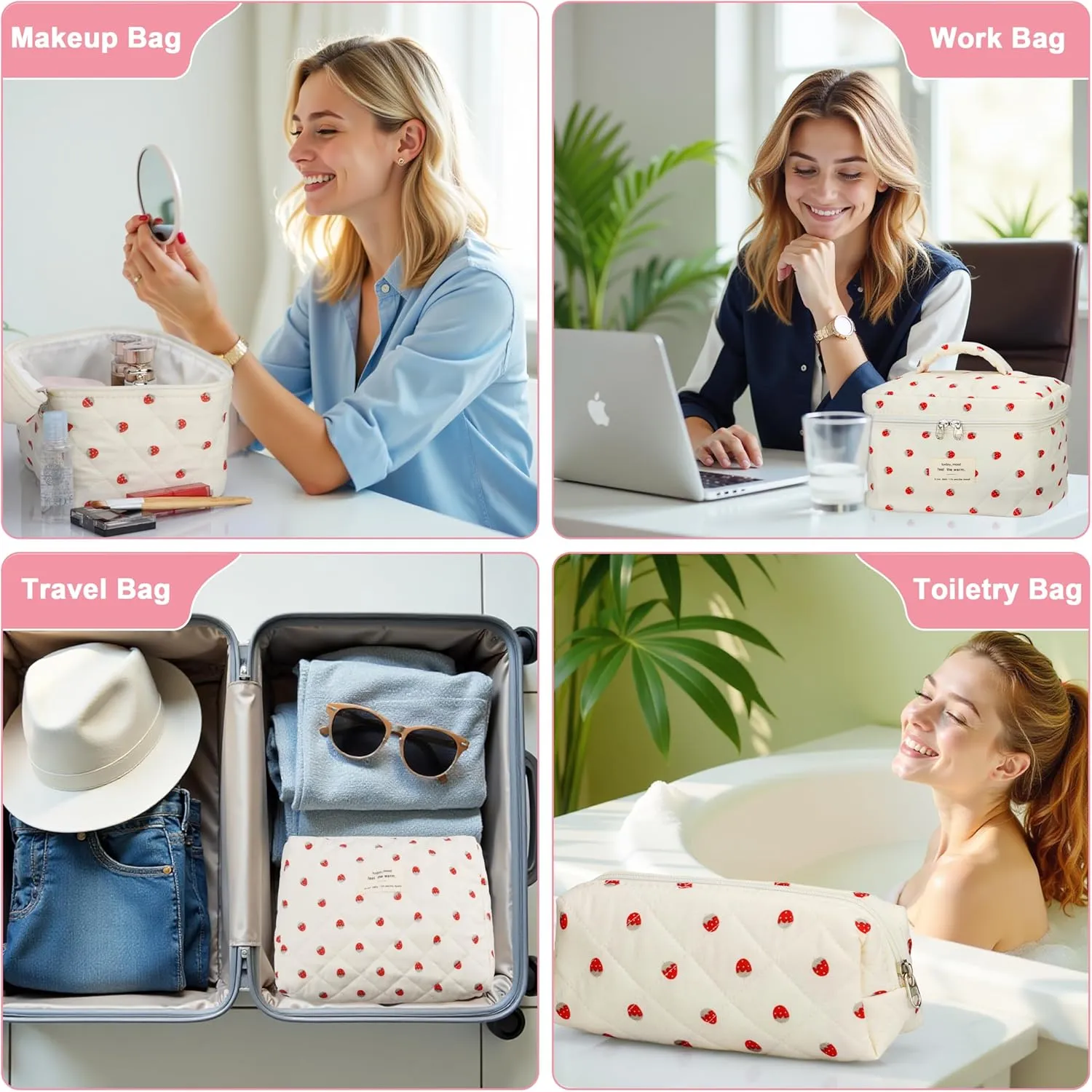 Quilted Makeup Bag Set - 3 PCS Cute Floral Cotton Makeup Bag, Large Coquette Aesthetic Make up Cosmetic Bag, Flower Travel Toiletry Organizer Bags for Women Girls