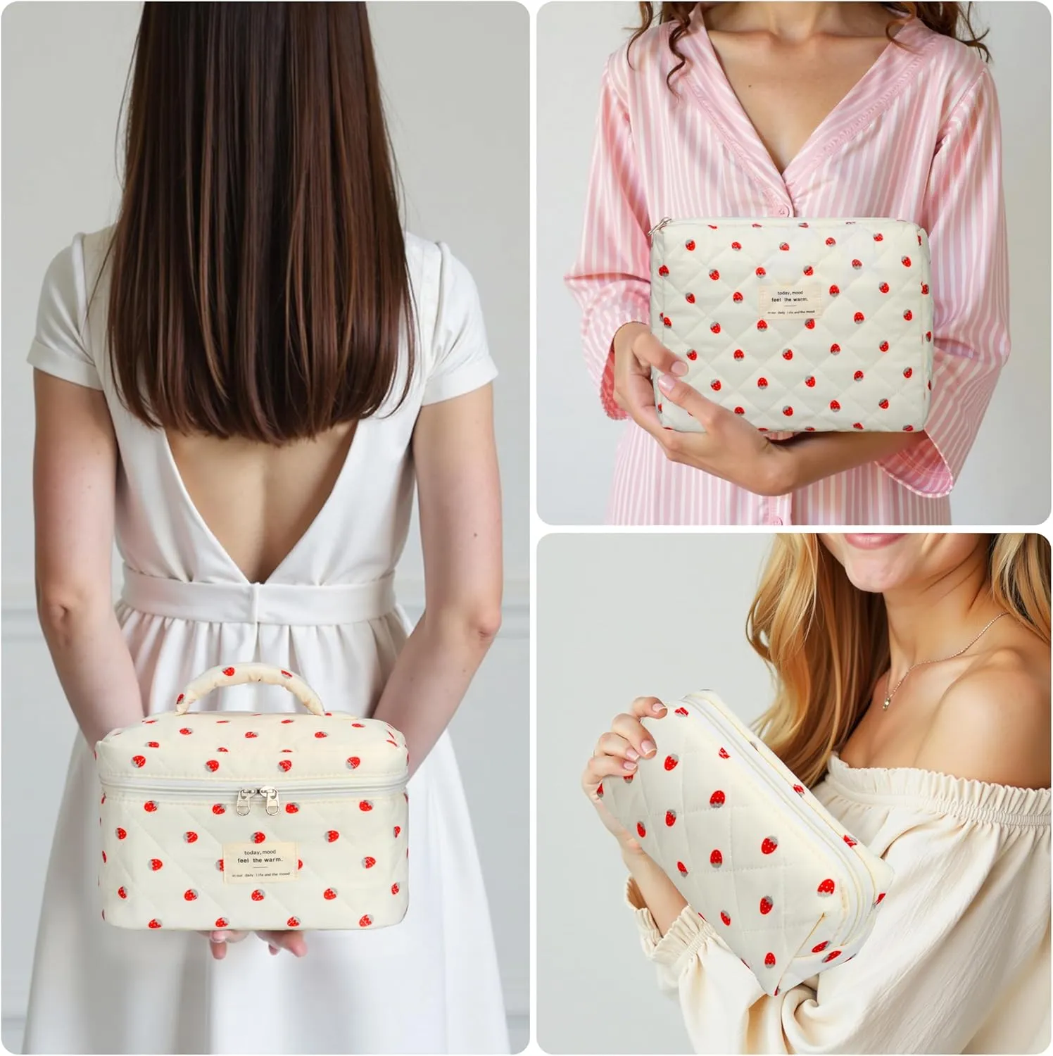 Quilted Makeup Bag Set - 3 PCS Cute Floral Cotton Makeup Bag, Large Coquette Aesthetic Make up Cosmetic Bag, Flower Travel Toiletry Organizer Bags for Women Girls