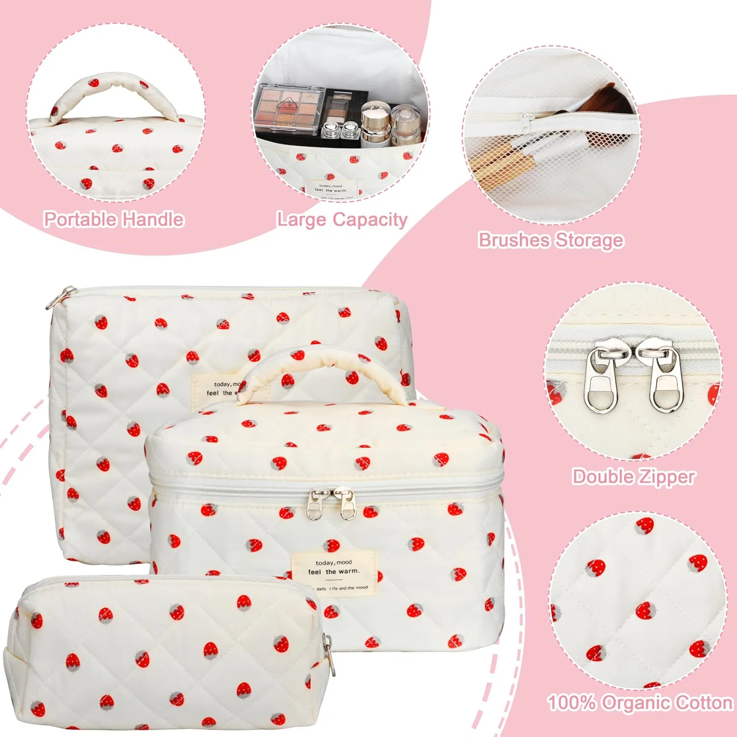 Quilted Makeup Bag Set - 3 PCS Cute Floral Cotton Makeup Bag, Large Coquette Aesthetic Make up Cosmetic Bag, Flower Travel Toiletry Organizer Bags for Women Girls