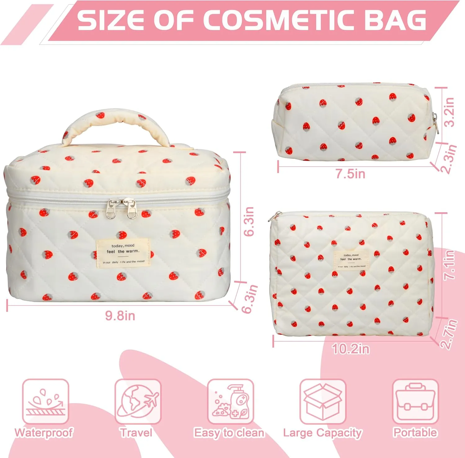 Quilted Makeup Bag Set - 3 PCS Cute Floral Cotton Makeup Bag, Large Coquette Aesthetic Make up Cosmetic Bag, Flower Travel Toiletry Organizer Bags for Women Girls