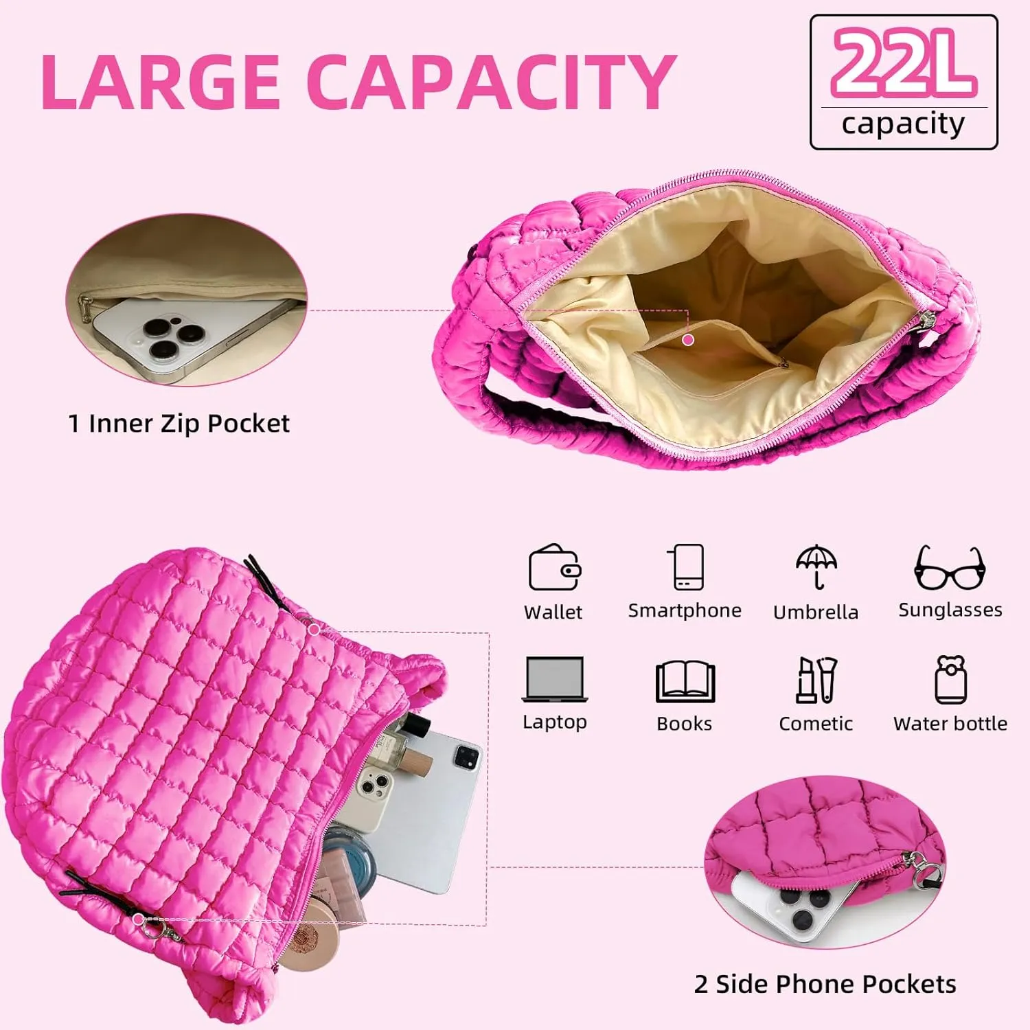 Quilted Puffer Tote Bag for Women Large Quilted Crossbody Hobo Bags Puffy Purse Carryall Bag Nylon Shoulder Handbag