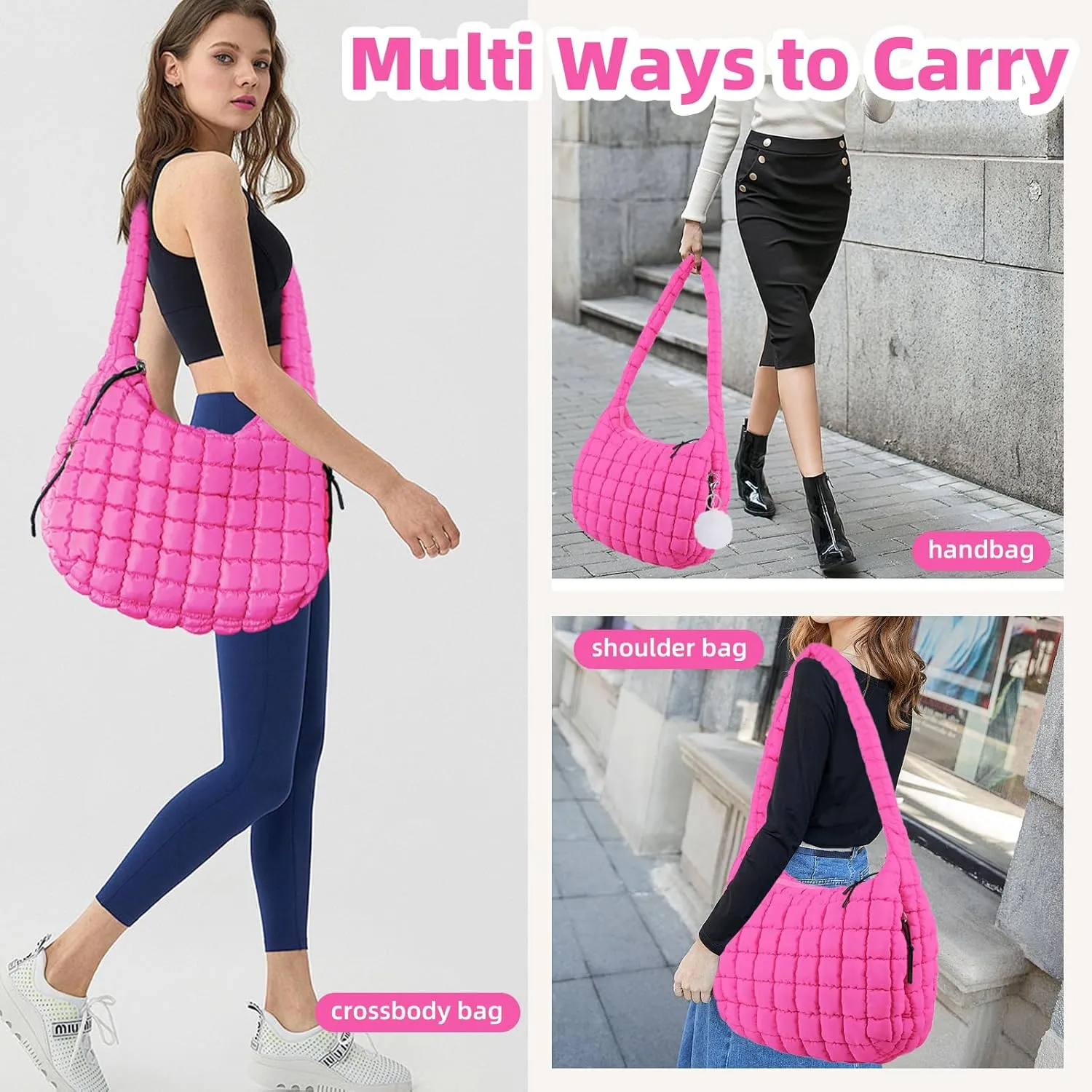 Quilted Puffer Tote Bag for Women Large Quilted Crossbody Hobo Bags Puffy Purse Carryall Bag Nylon Shoulder Handbag