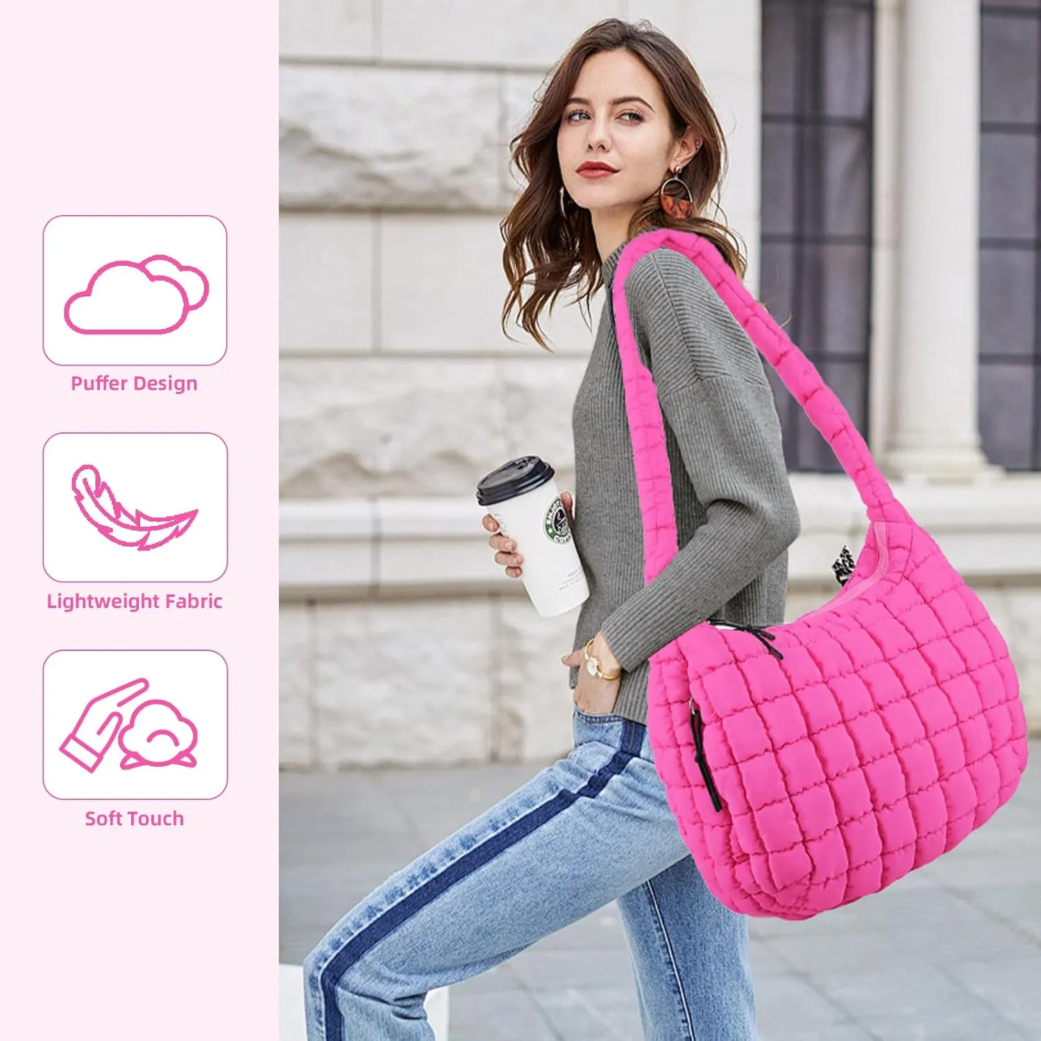 Quilted Puffer Tote Bag for Women Large Quilted Crossbody Hobo Bags Puffy Purse Carryall Bag Nylon Shoulder Handbag